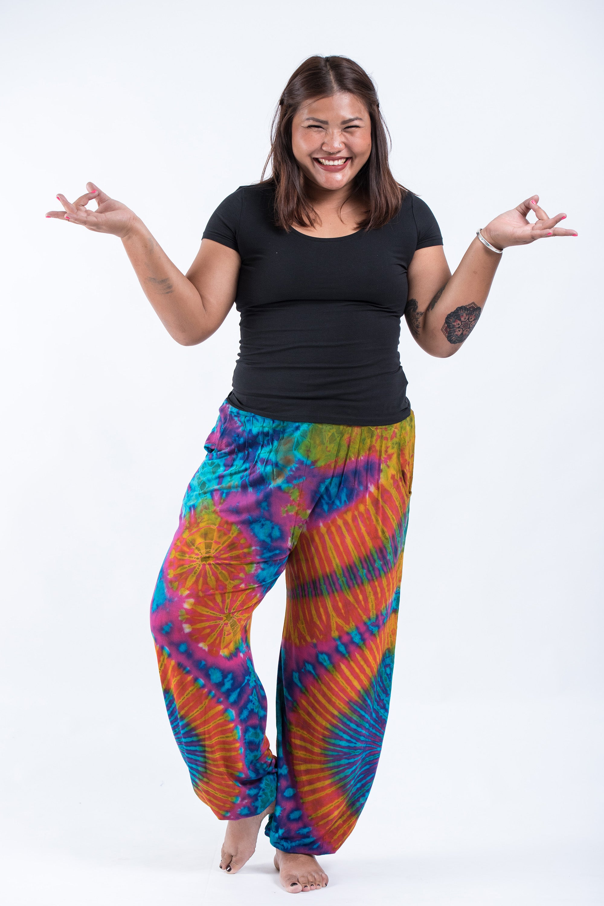 Plus Size Soft Flex Womens Tie Dye Harem Pants in Blue Orange