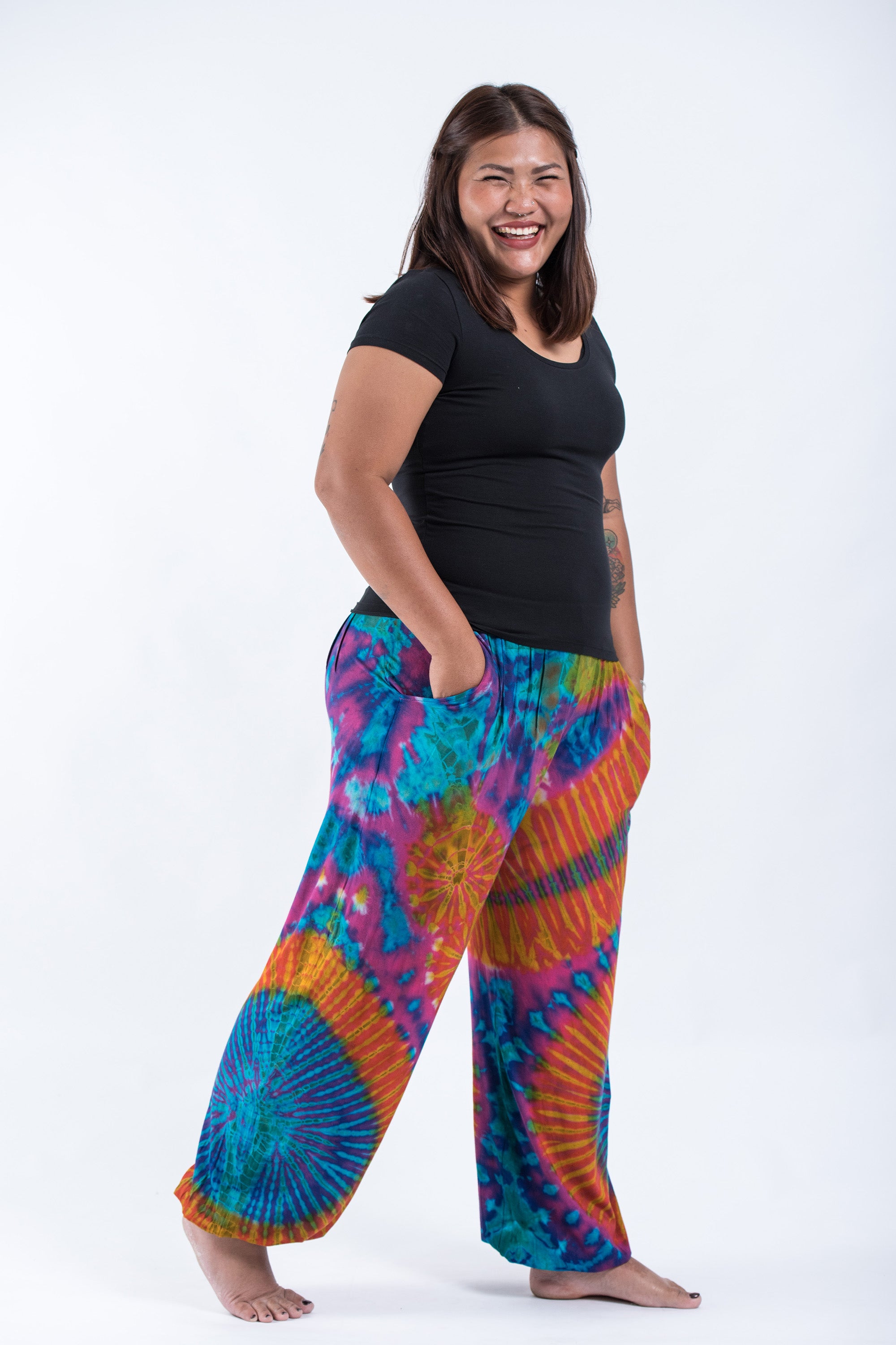 Plus Size Soft Flex Womens Tie Dye Harem Pants in Blue Orange