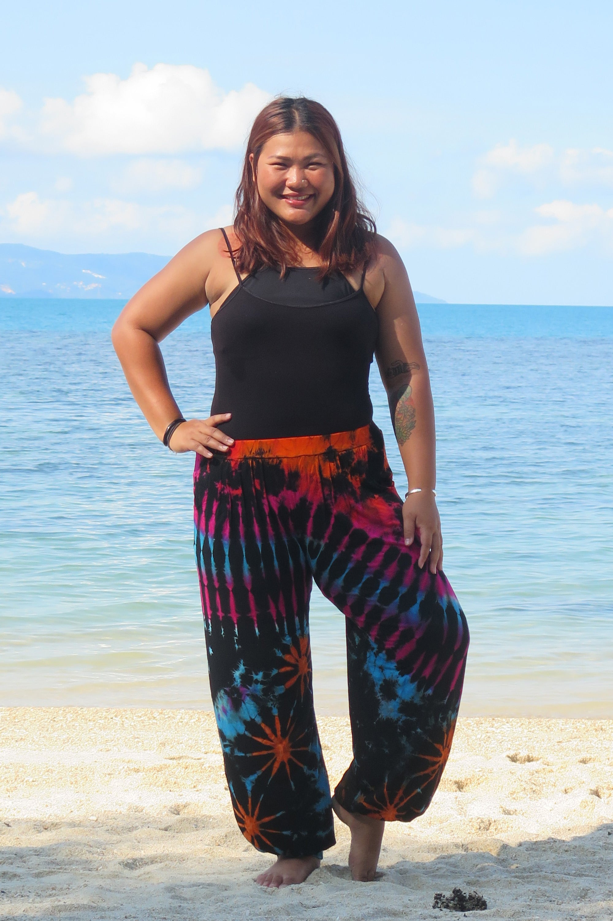 Plus Size Soft Flex Womens Tie Dye Harem Pants in Festival Black