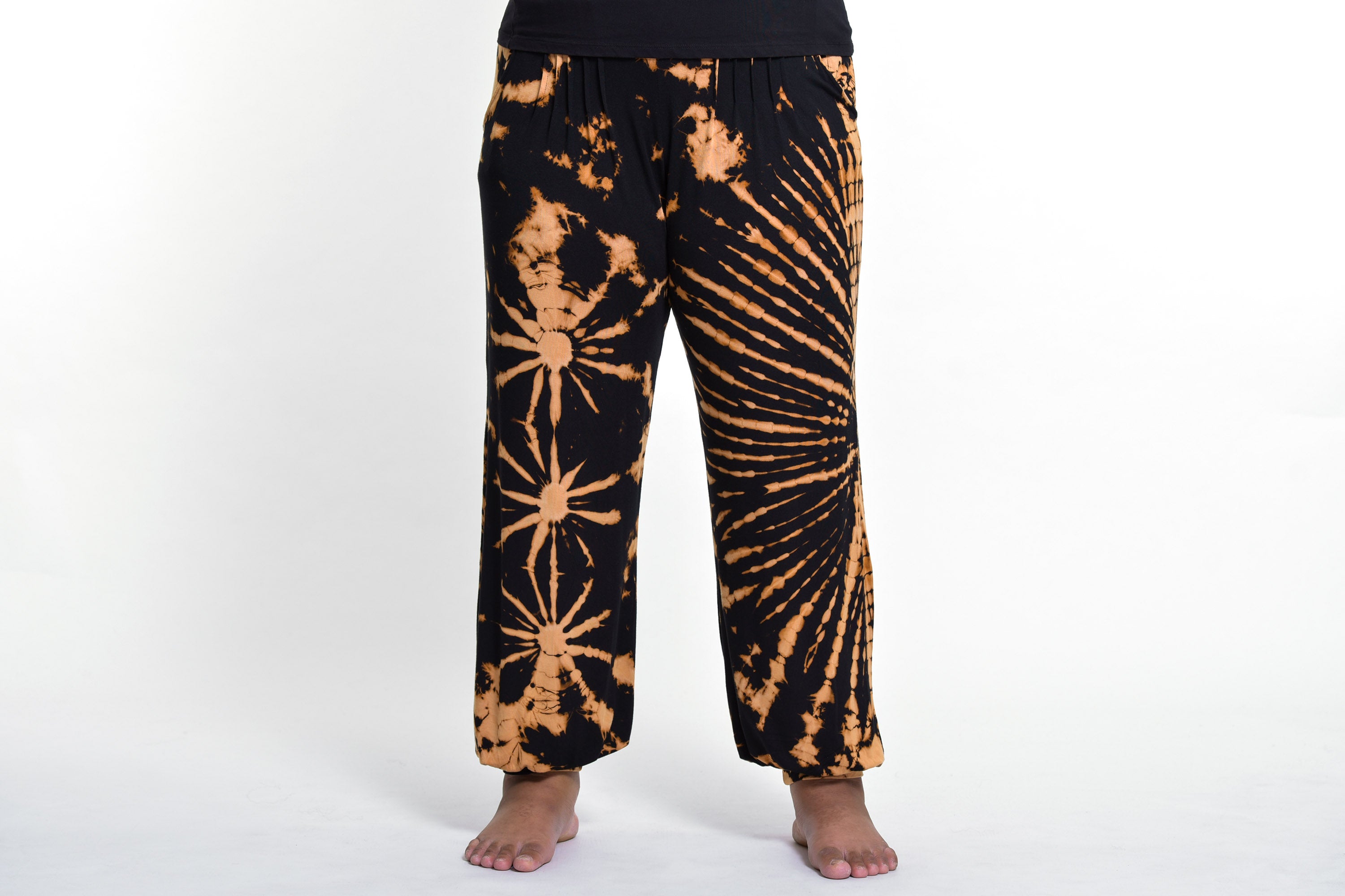 Plus Size Soft Flex Womens Tie Dye Harem Pants in Orange Black