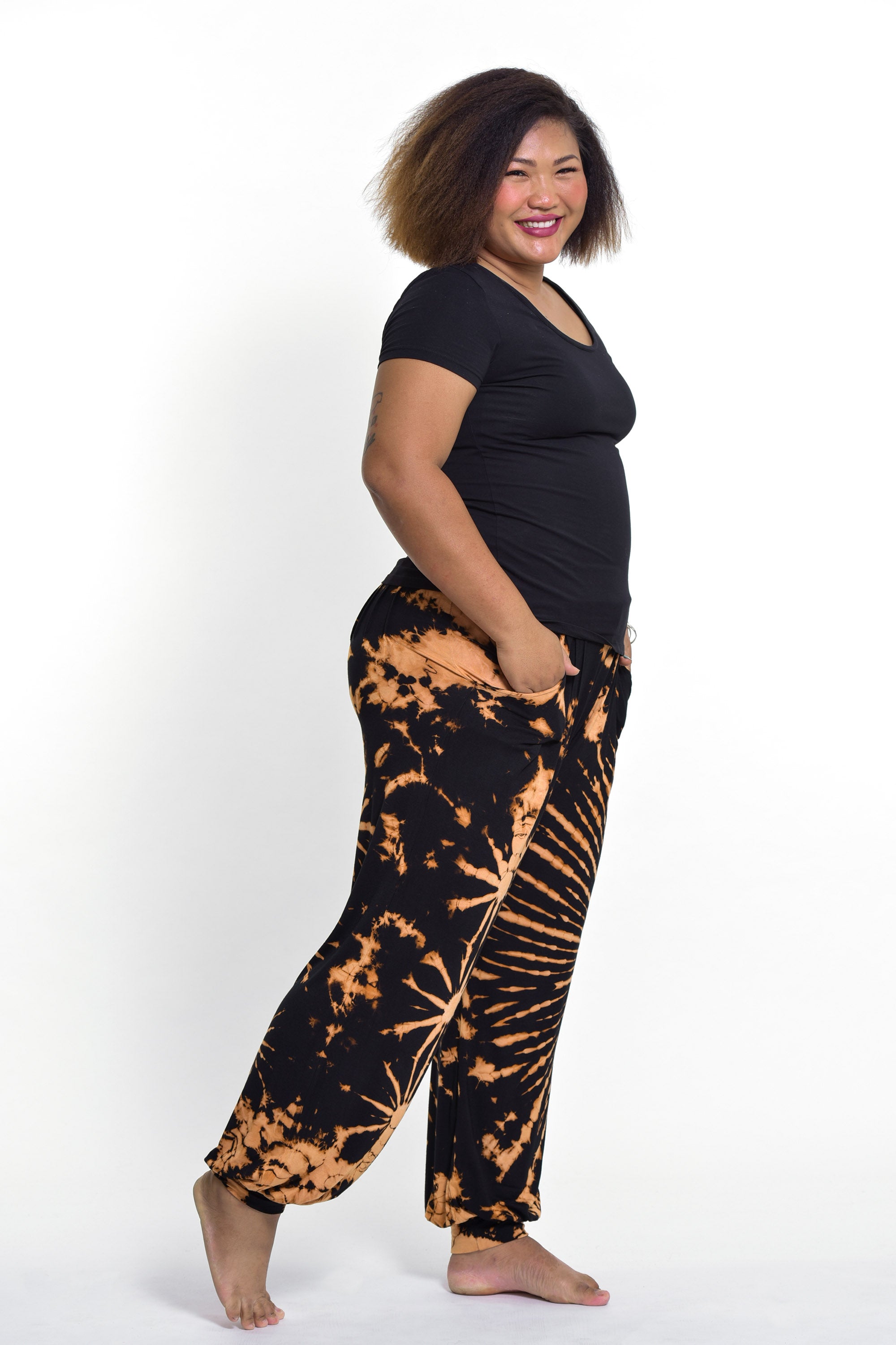 Plus Size Soft Flex Womens Tie Dye Harem Pants in Orange Black