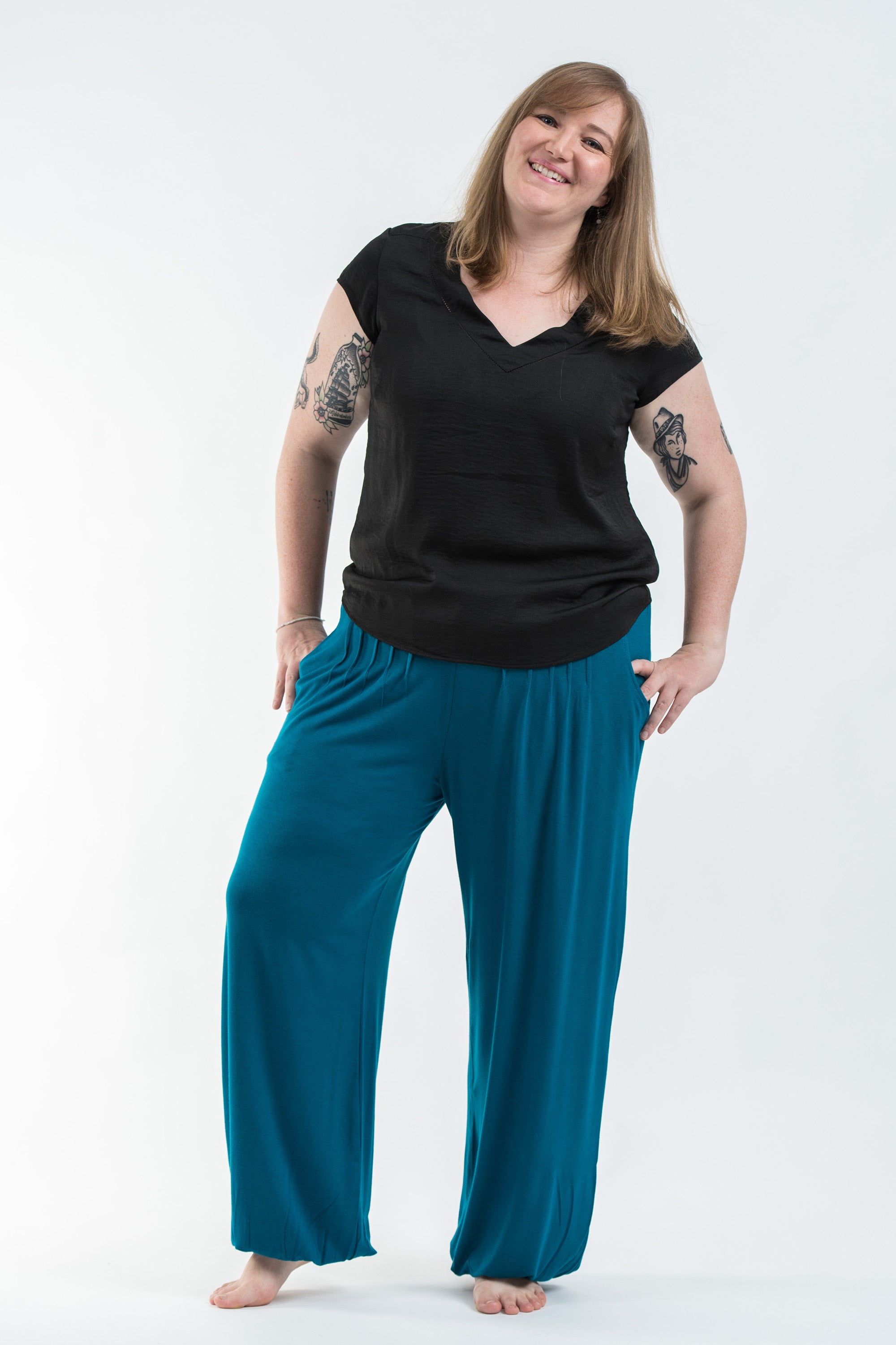 Plus Size Soft Flex Womens Harem Pants in Solid Blue