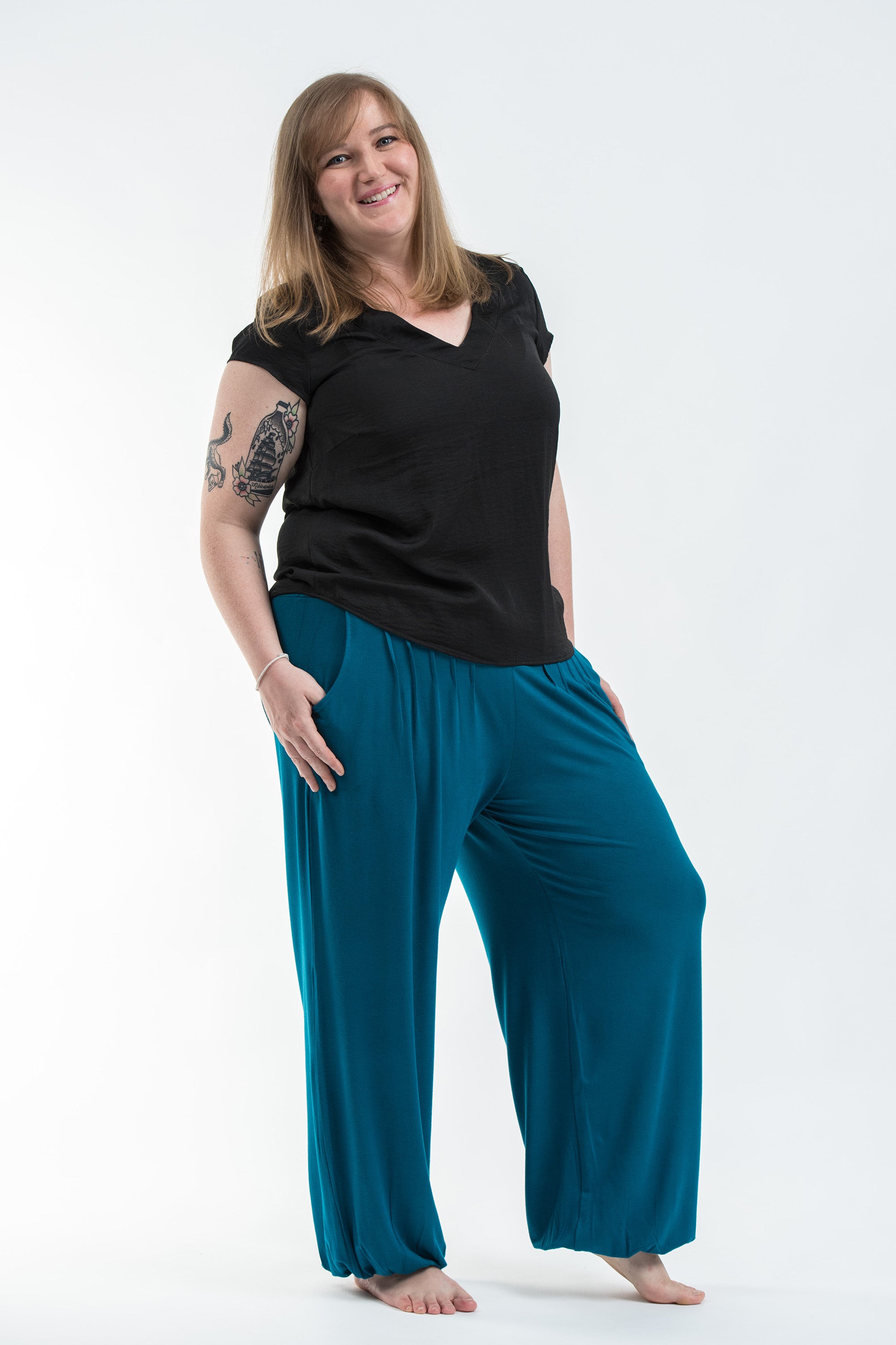 Plus Size Soft Flex Womens Harem Pants in Solid Blue