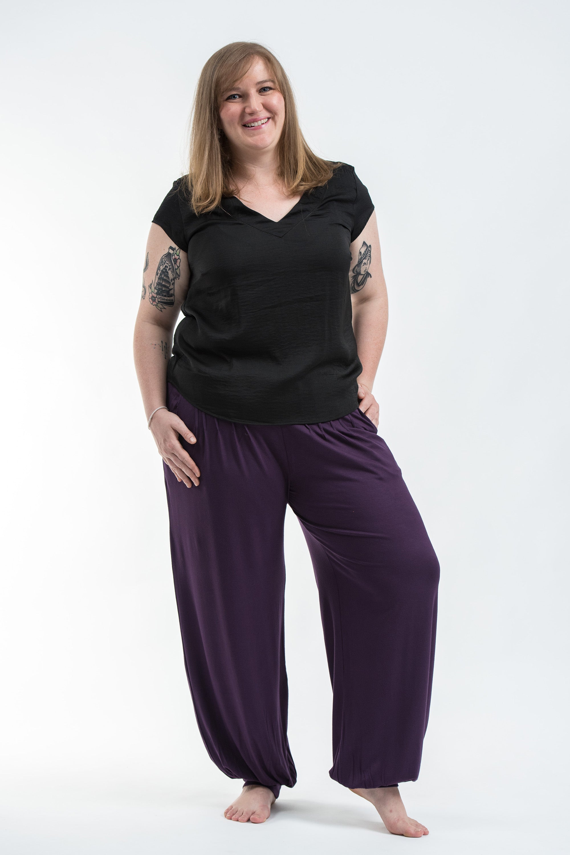 Plus Size Soft Flex Womens Harem Pants in Solid Purple