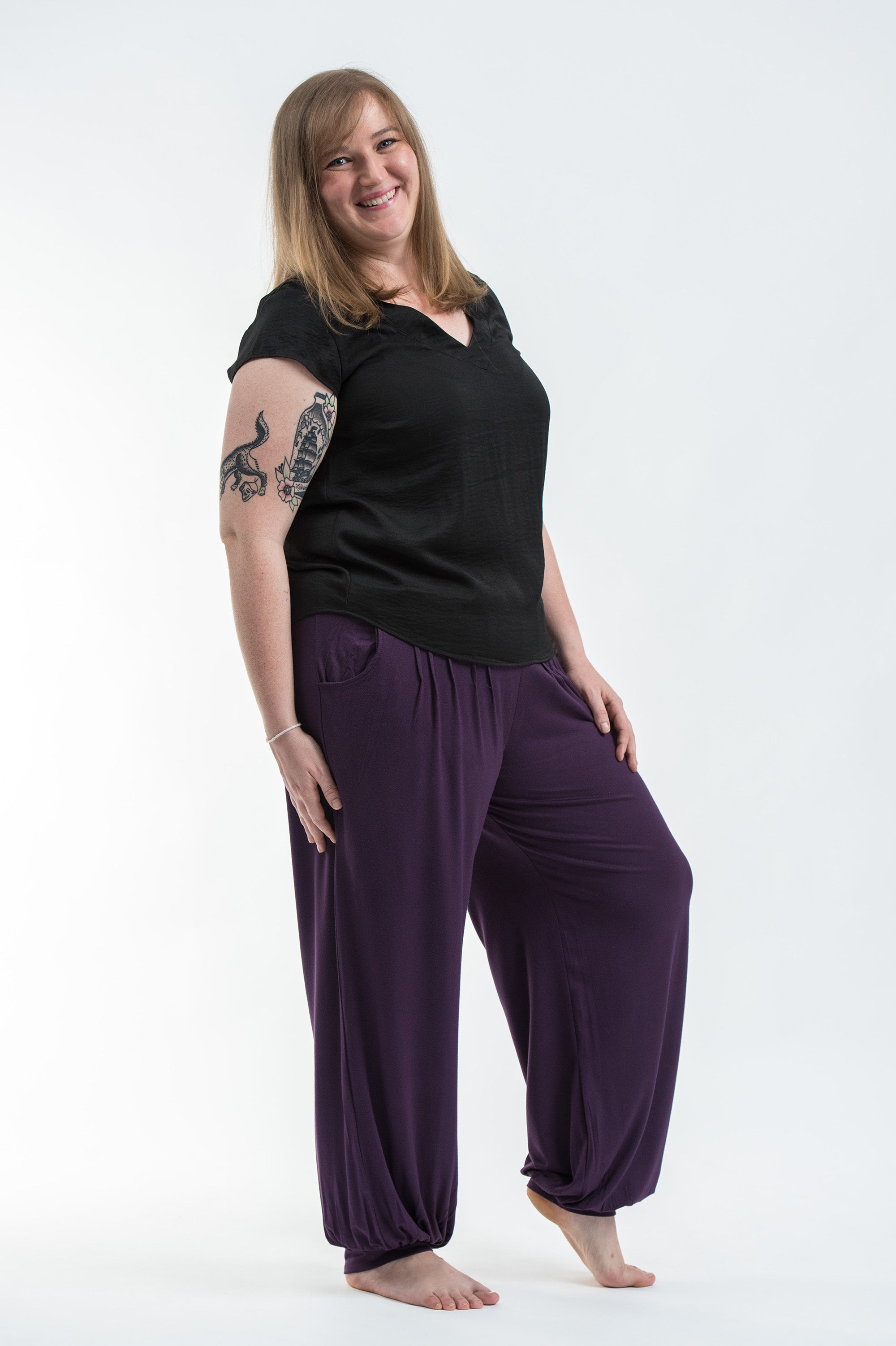 Plus Size Soft Flex Womens Harem Pants in Solid Purple