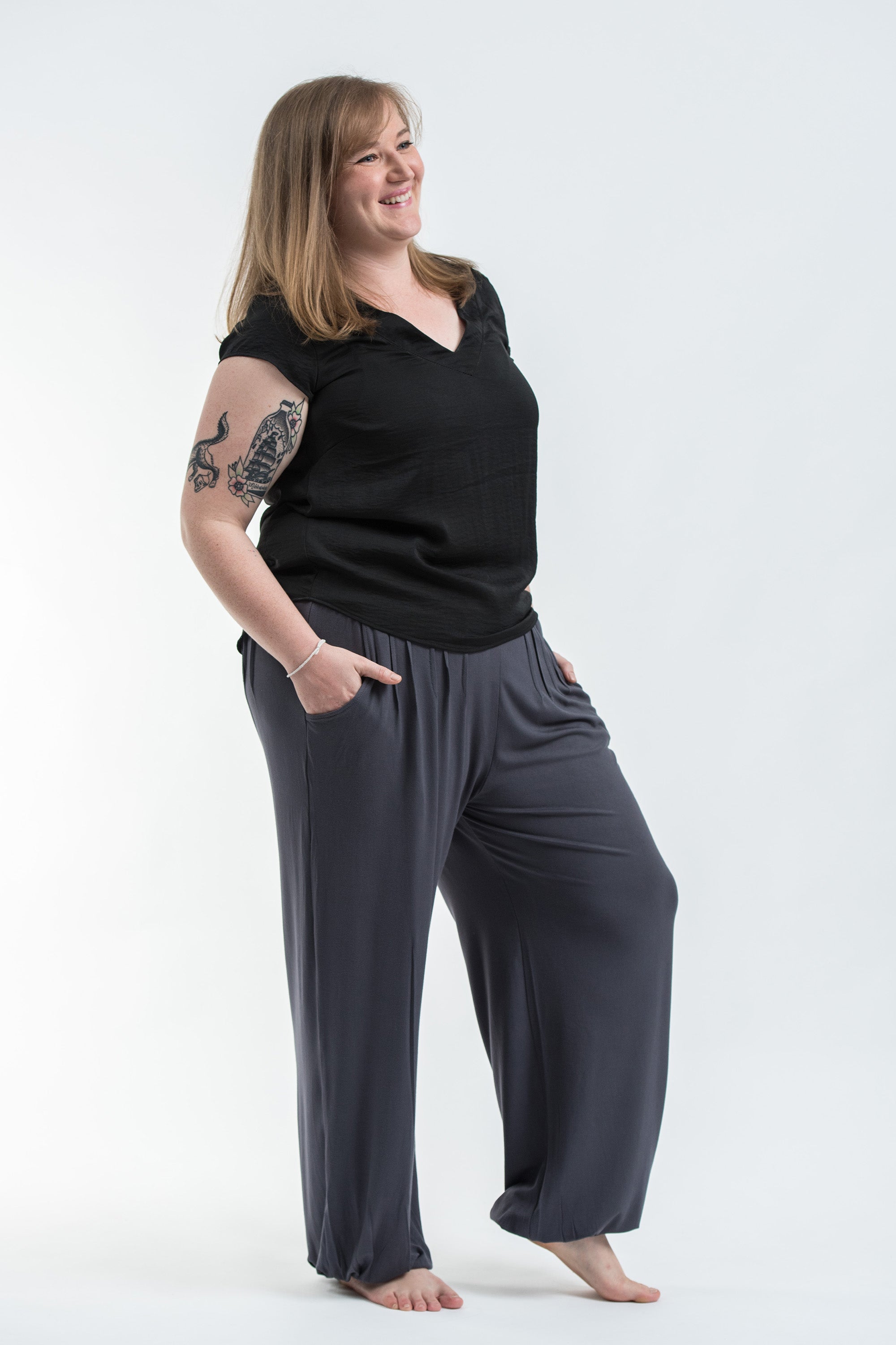 Plus Size Soft Flex Womens Harem Pants in Solid Gray