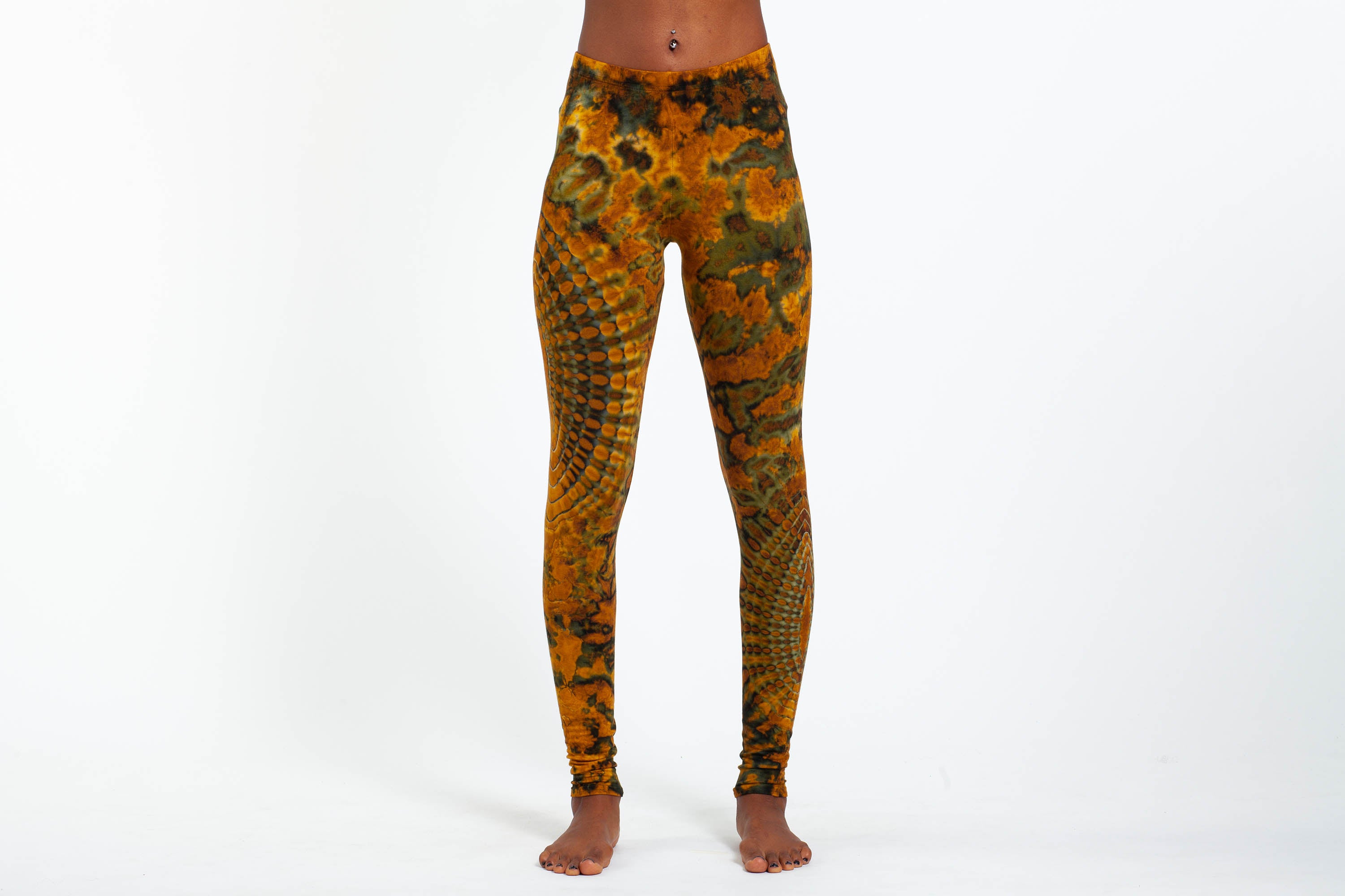 Oval Swirls Tie Dye Cotton Leggings in Yellow Gold