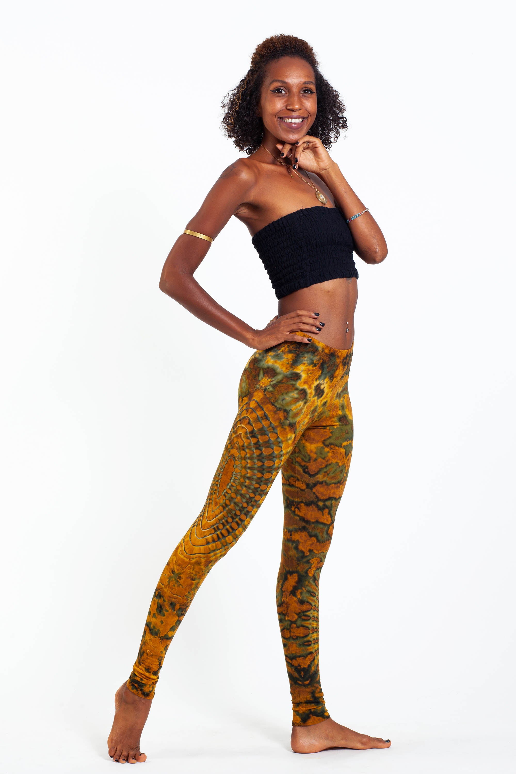 Oval Swirls Tie Dye Cotton Leggings in Yellow Gold