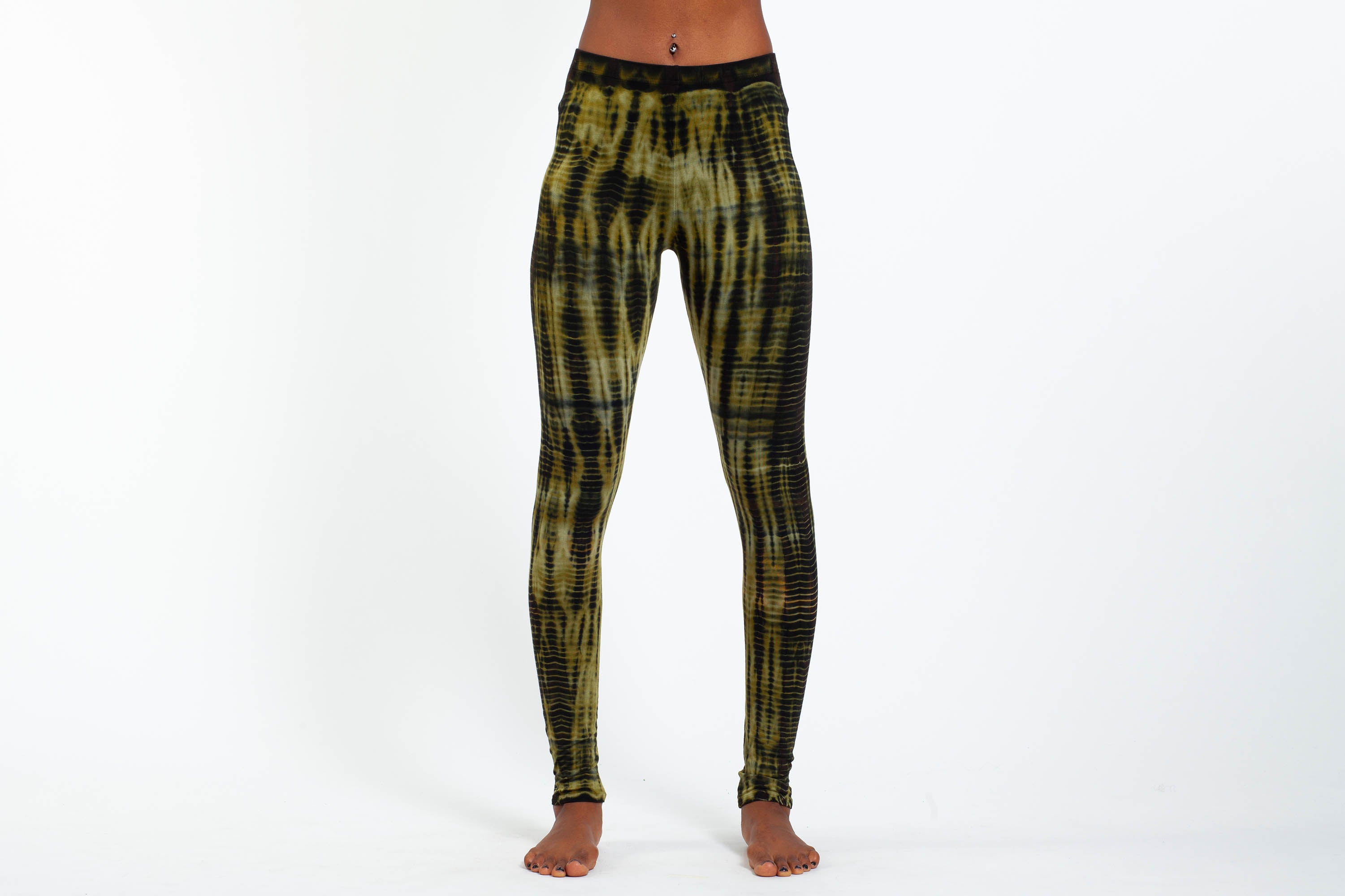 Lightning Stripes Tie Dye Cotton Leggings in Olive