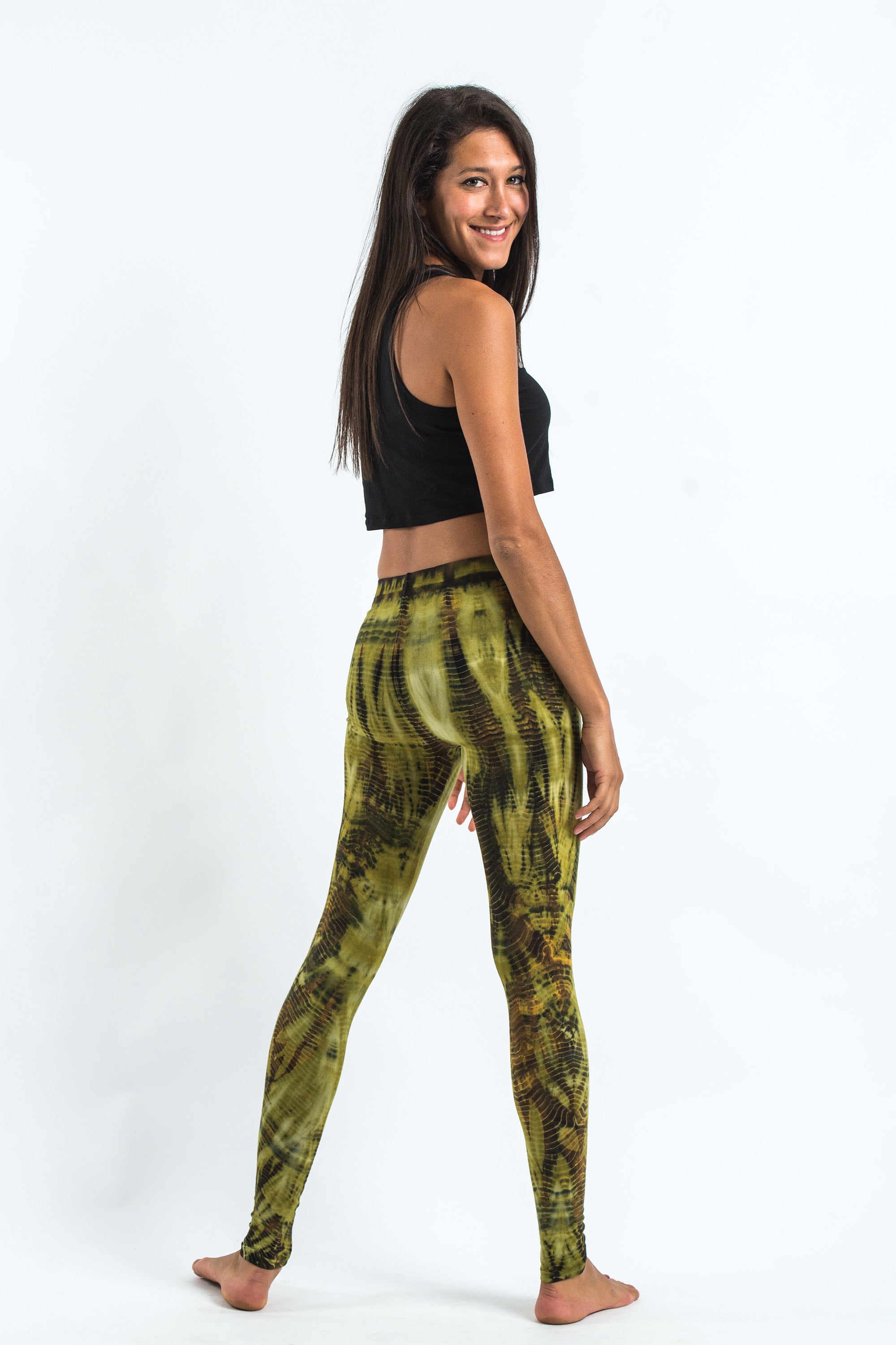 Lightning Stripes Tie Dye Cotton Leggings in Olive Gold