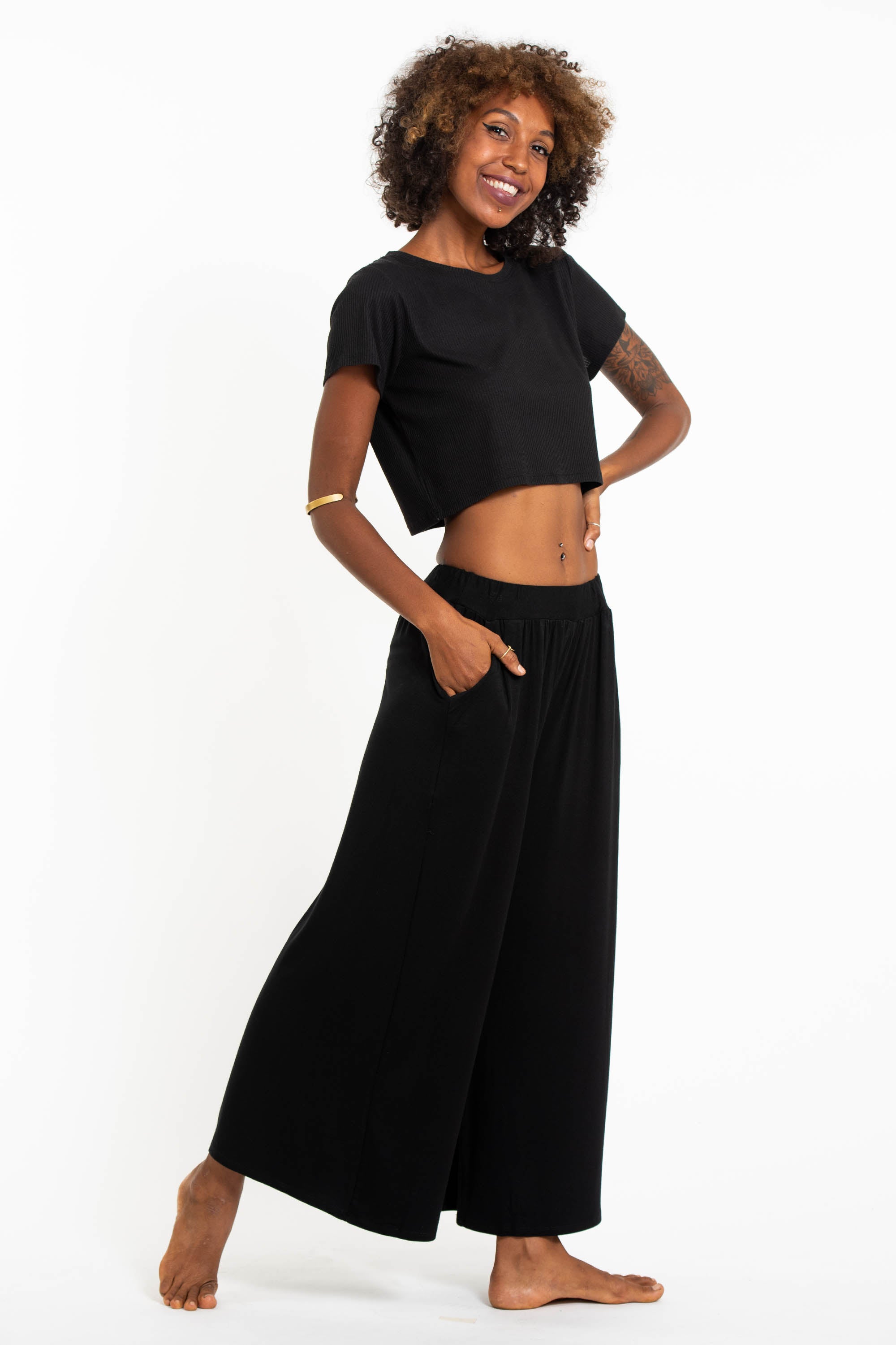 Soft Flex Wide Leg Pants in Solid Black