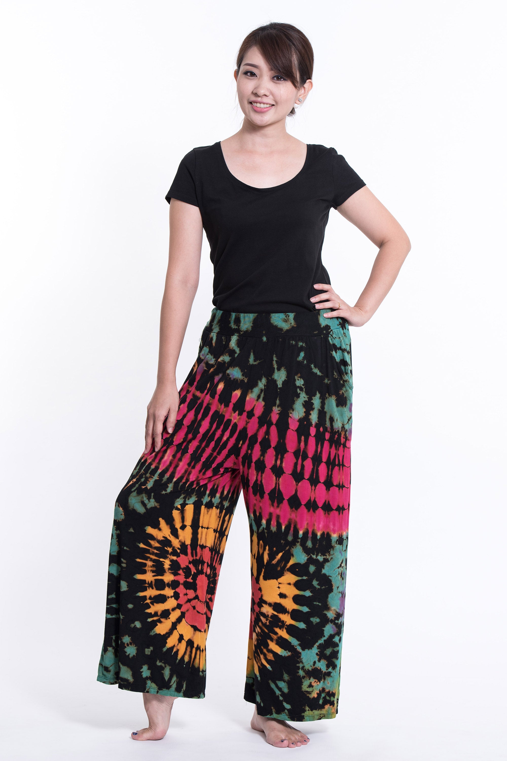 Soft Flex Tie Dye Wide Leg Pants in Black Pink