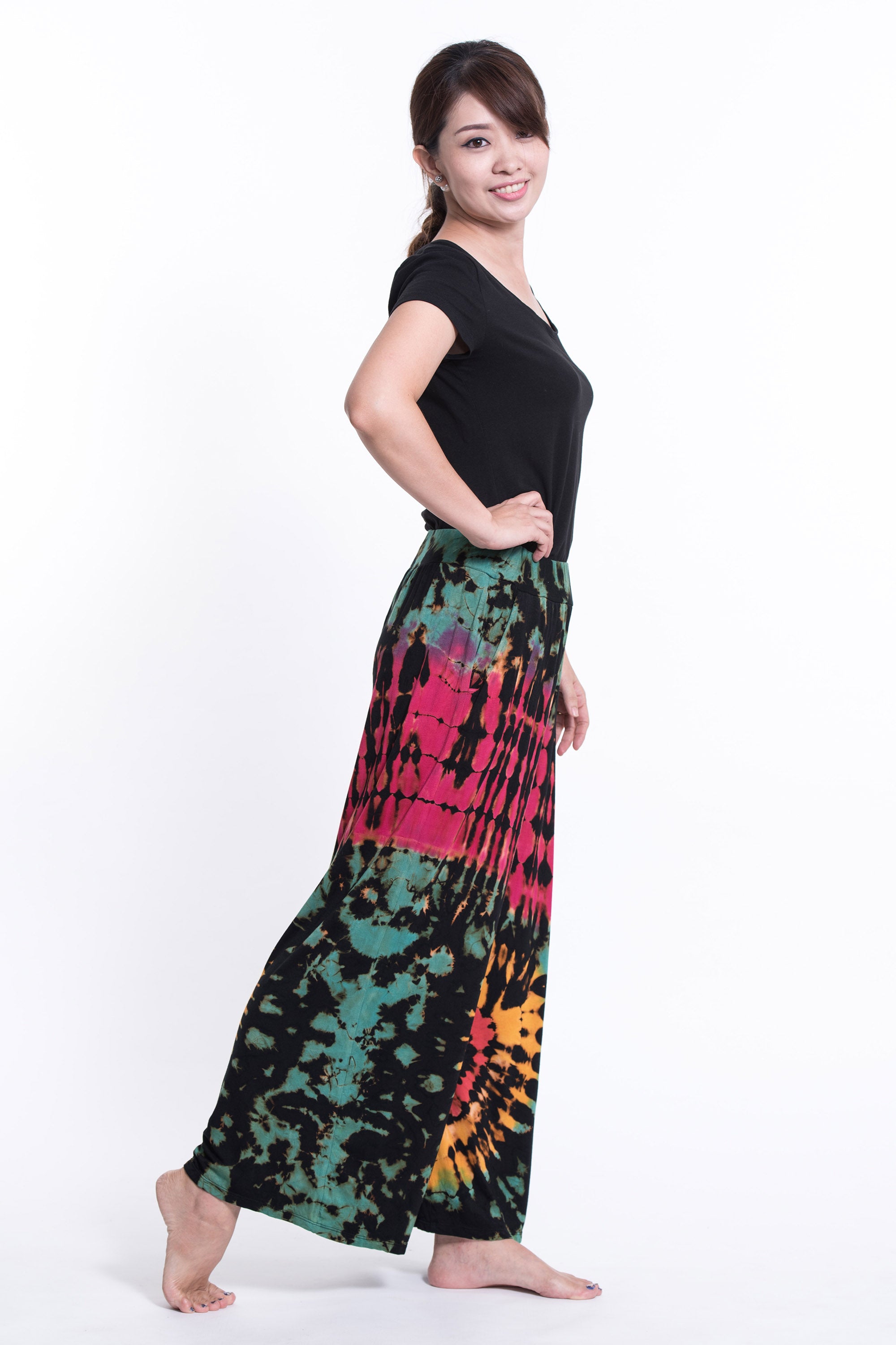 Soft Flex Tie Dye Wide Leg Pants in Black Pink