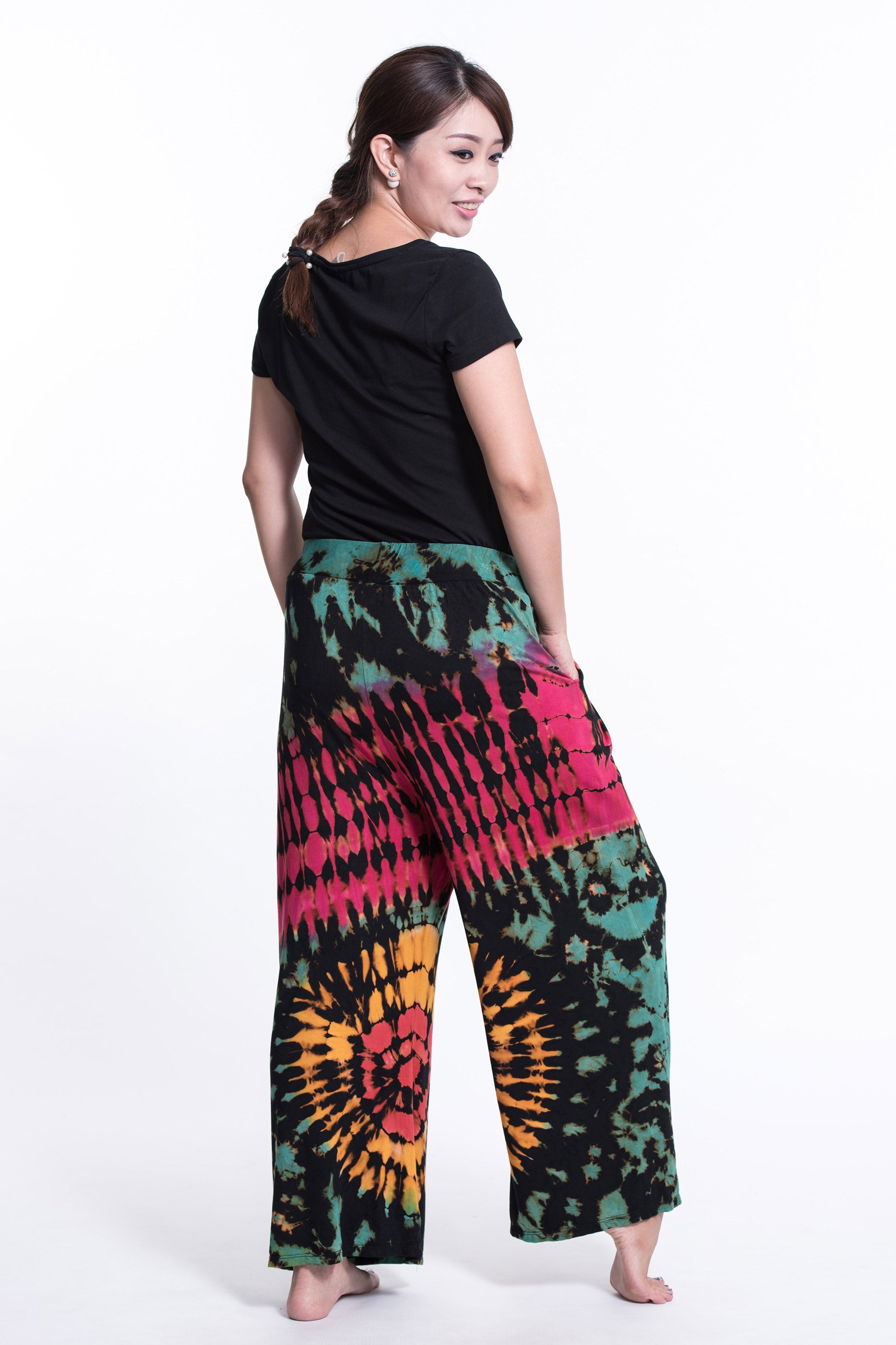 Soft Flex Tie Dye Wide Leg Pants in Black Pink