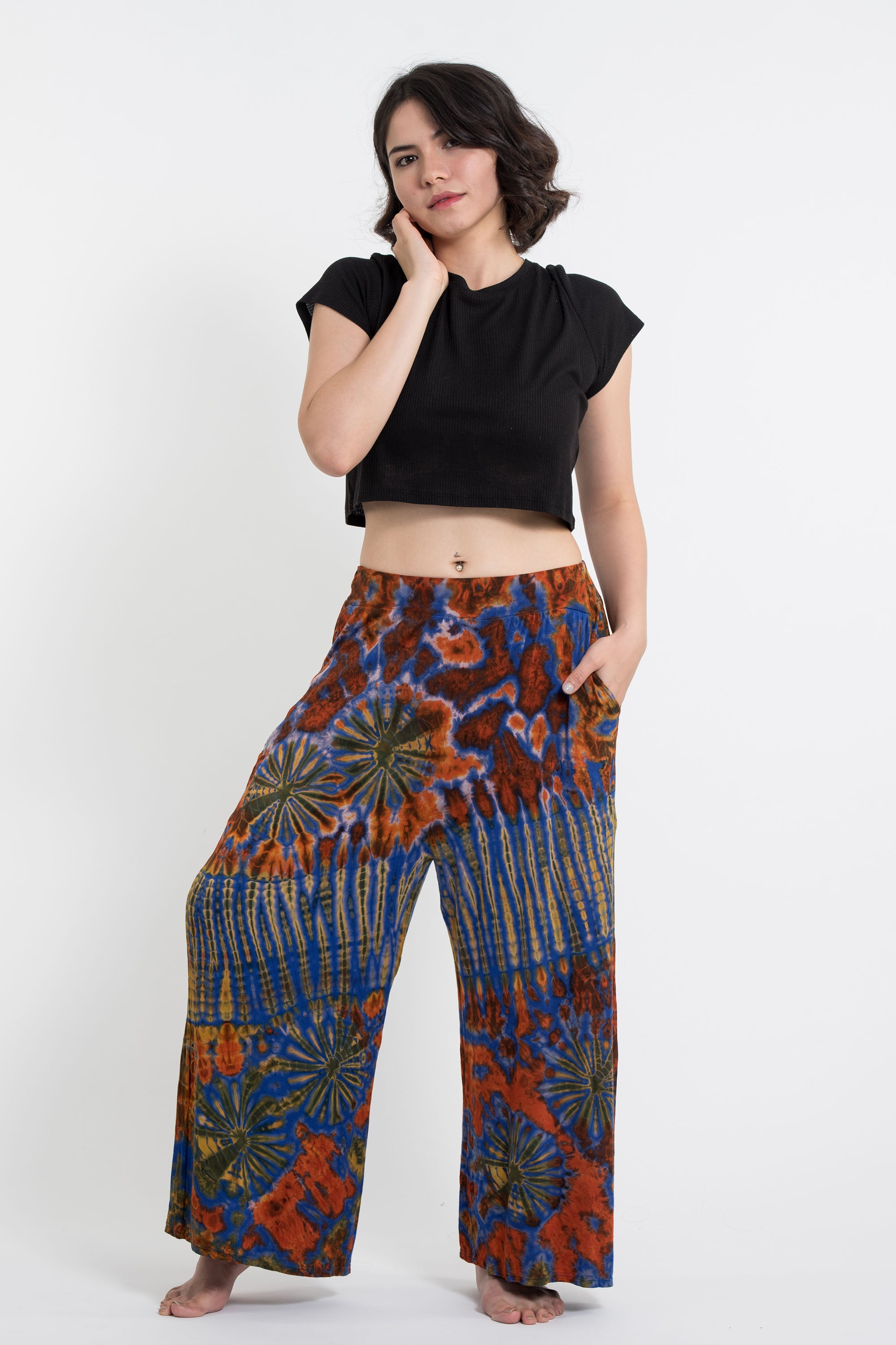 Soft Flex Tie Dye Wide Leg Pants in Rust Blue
