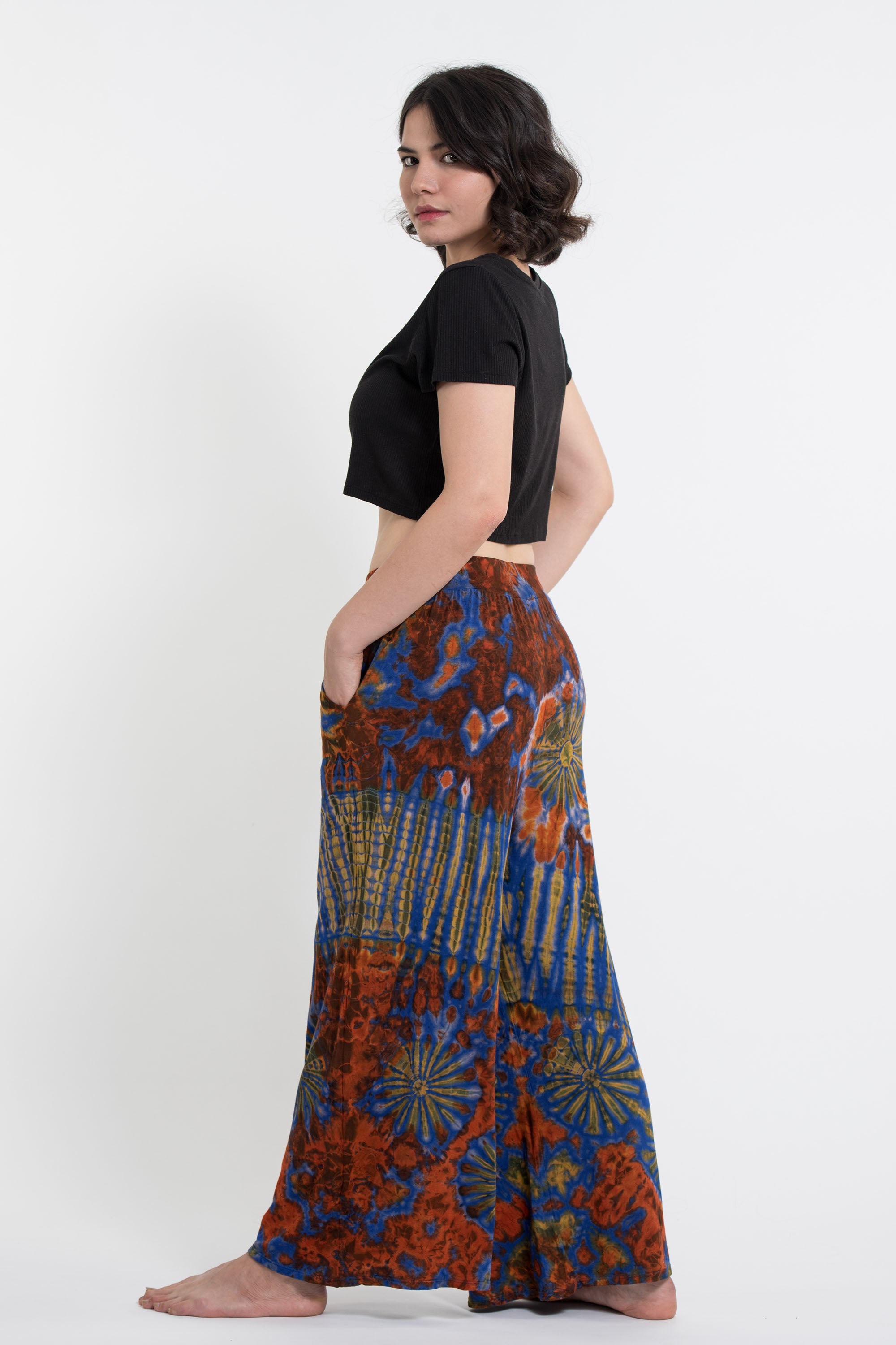 Soft Flex Tie Dye Wide Leg Pants in Rust Blue