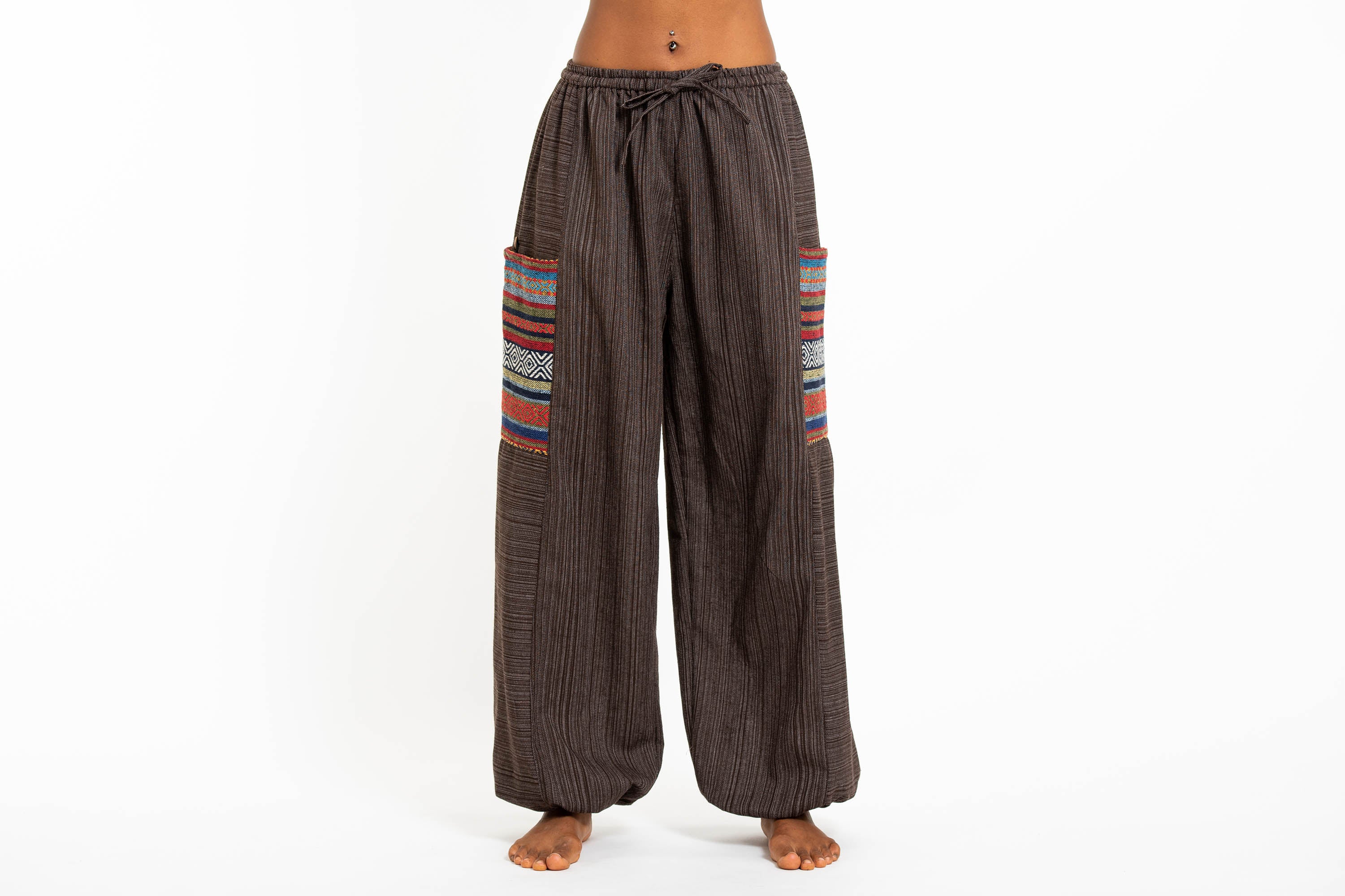 Women's Drawstring Pinstripes Cotton Pants with Aztec Pocket in Brown