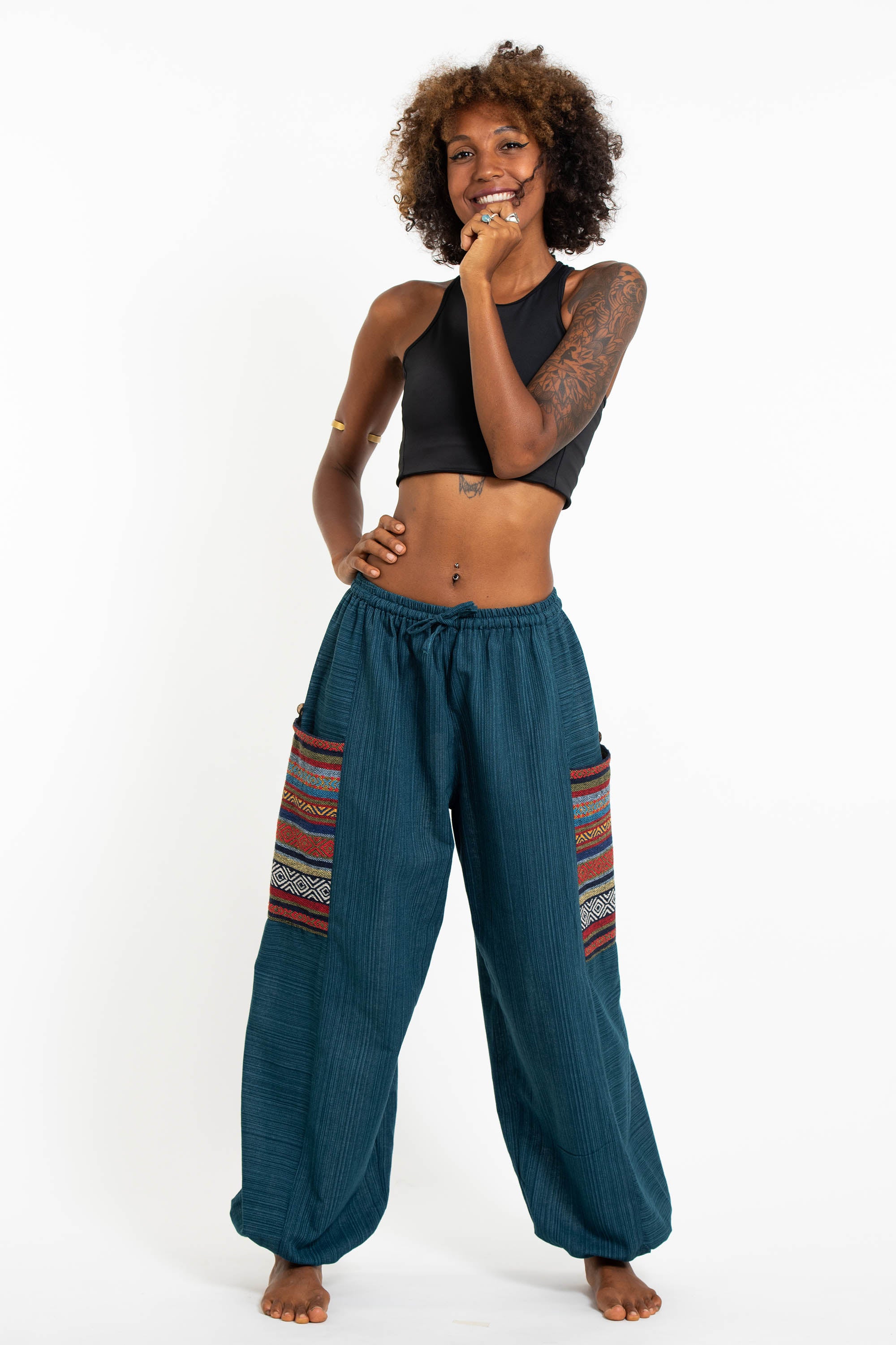 Women's Drawstring Pinstripes Cotton Pants with Aztec Pocket in Turquo –  Harem Pants