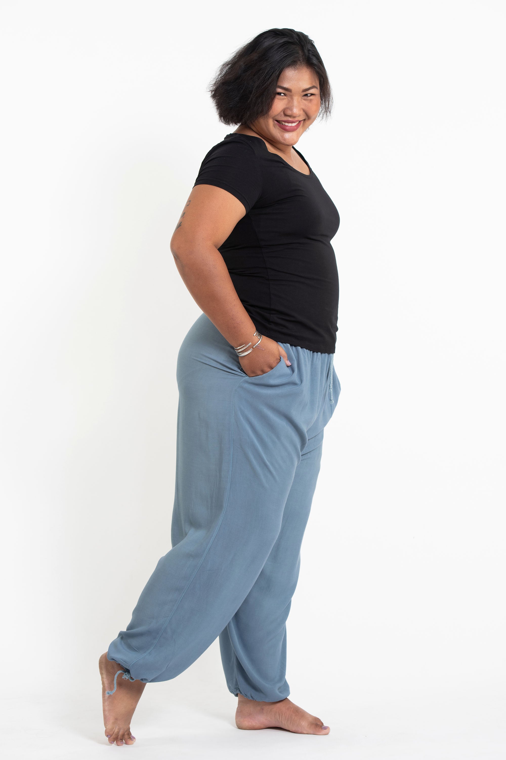 Plus Size Solid Color Drawstring Women's Yoga Massage Pants in Blue Gray