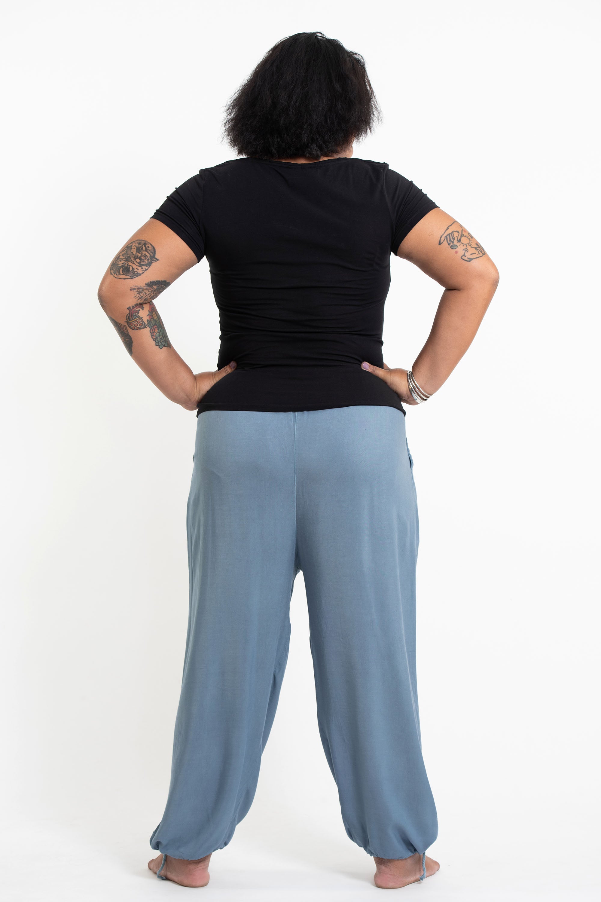 Plus Size Solid Color Drawstring Women's Yoga Massage Pants in Blue Gray