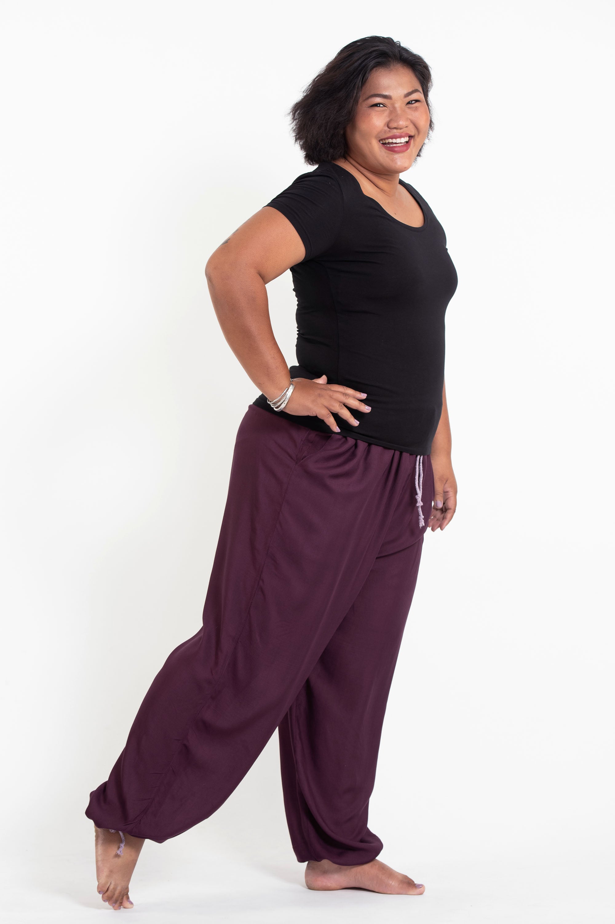 Plus Size Solid Color Drawstring Women's Yoga Massage Pants in Dark Purple