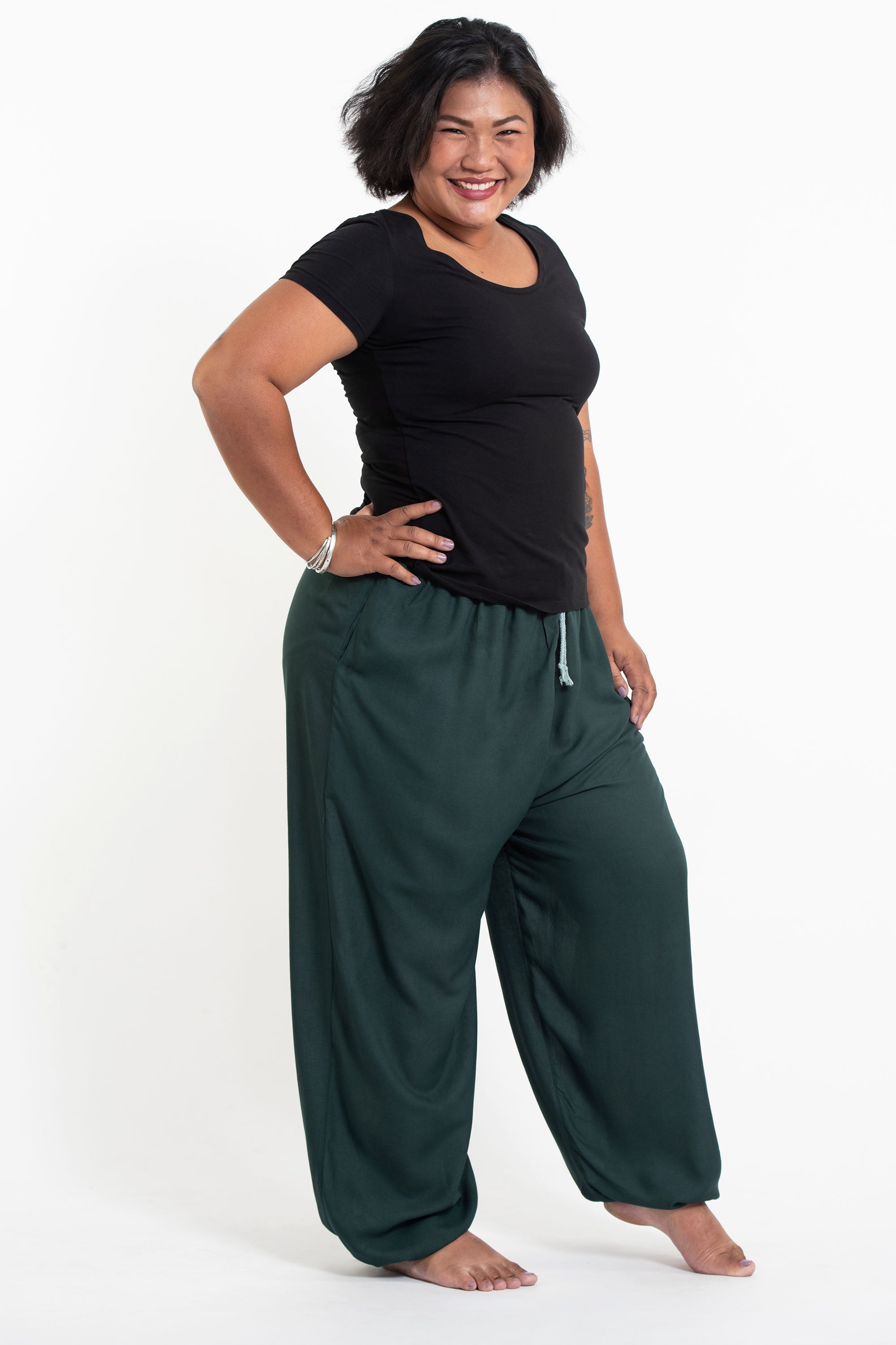 Plus Size Solid Color Drawstring Women's Yoga Massage Pants in Dark Teal