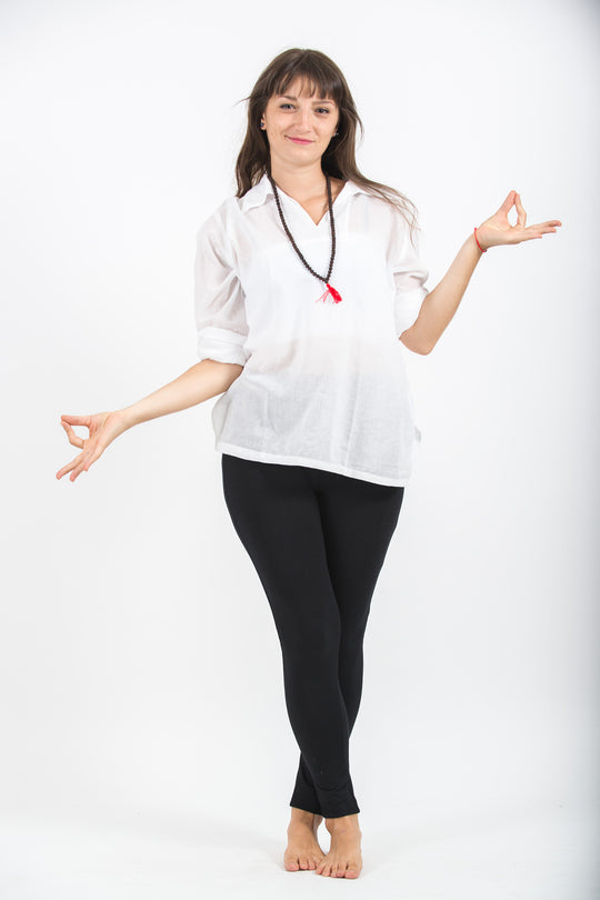 Womens Yoga Shirts Collar V Neck in White