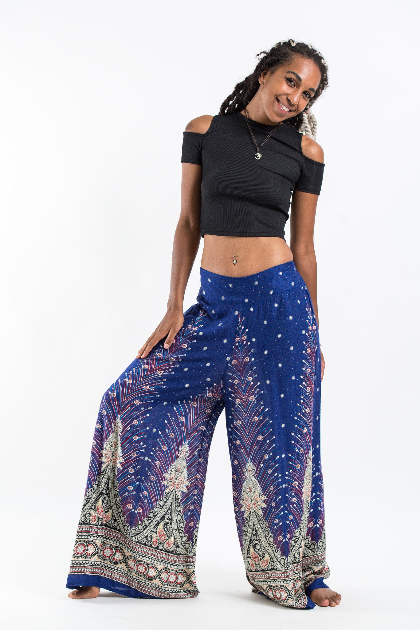 Peacock Feathers Palazzo Style Harem Pants in Blue