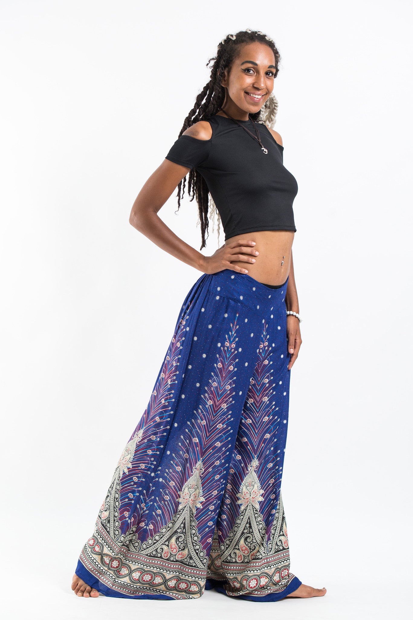 Peacock Feathers Palazzo Style Harem Pants in Blue