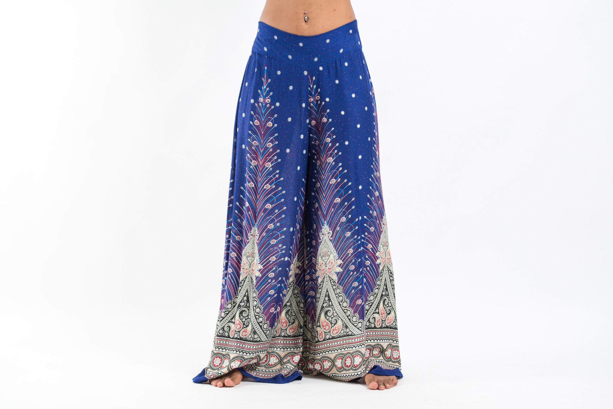 Peacock Feathers Palazzo Style Harem Pants in Blue