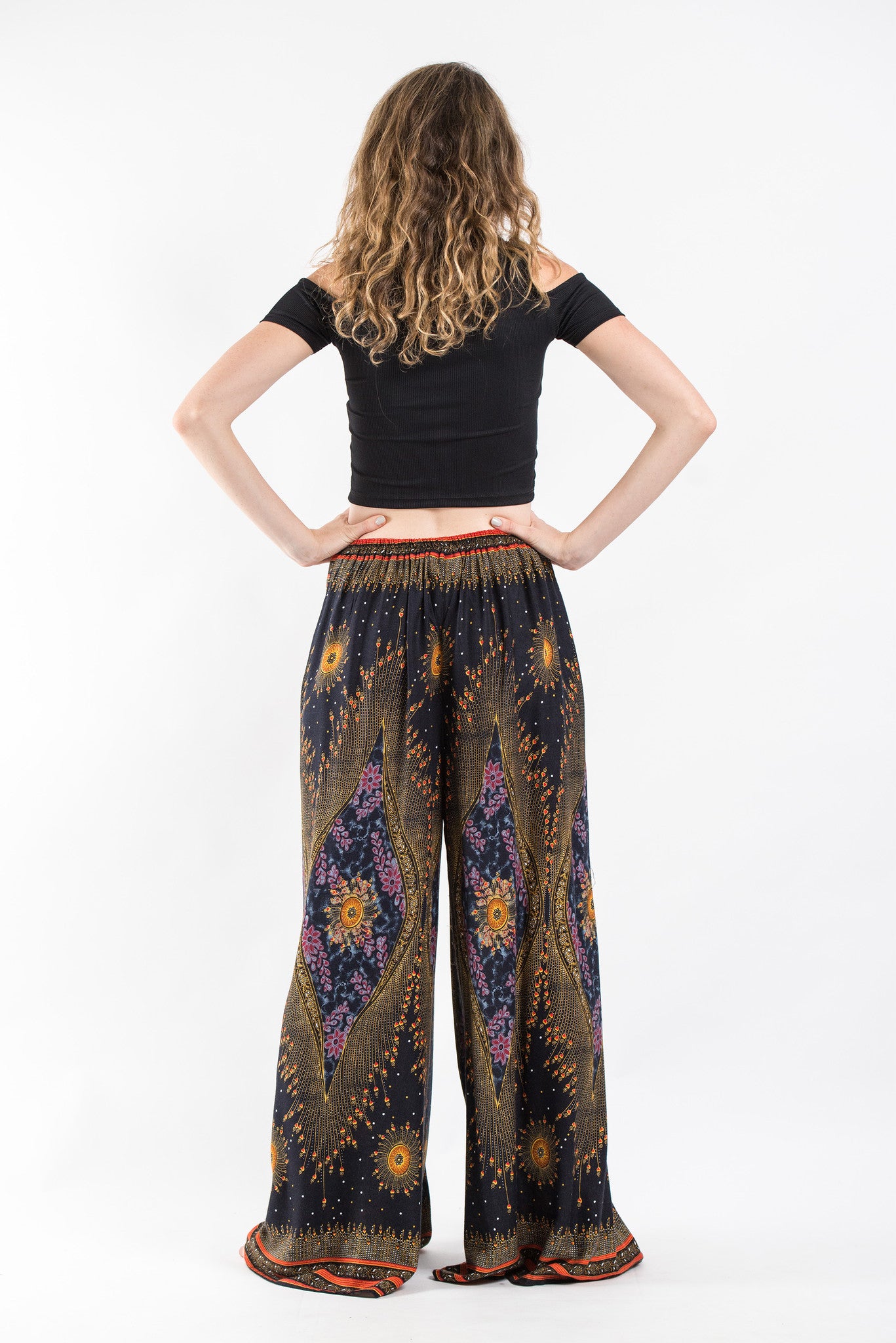 Peacock Eyes Palazzo Style Harem Pants in Black