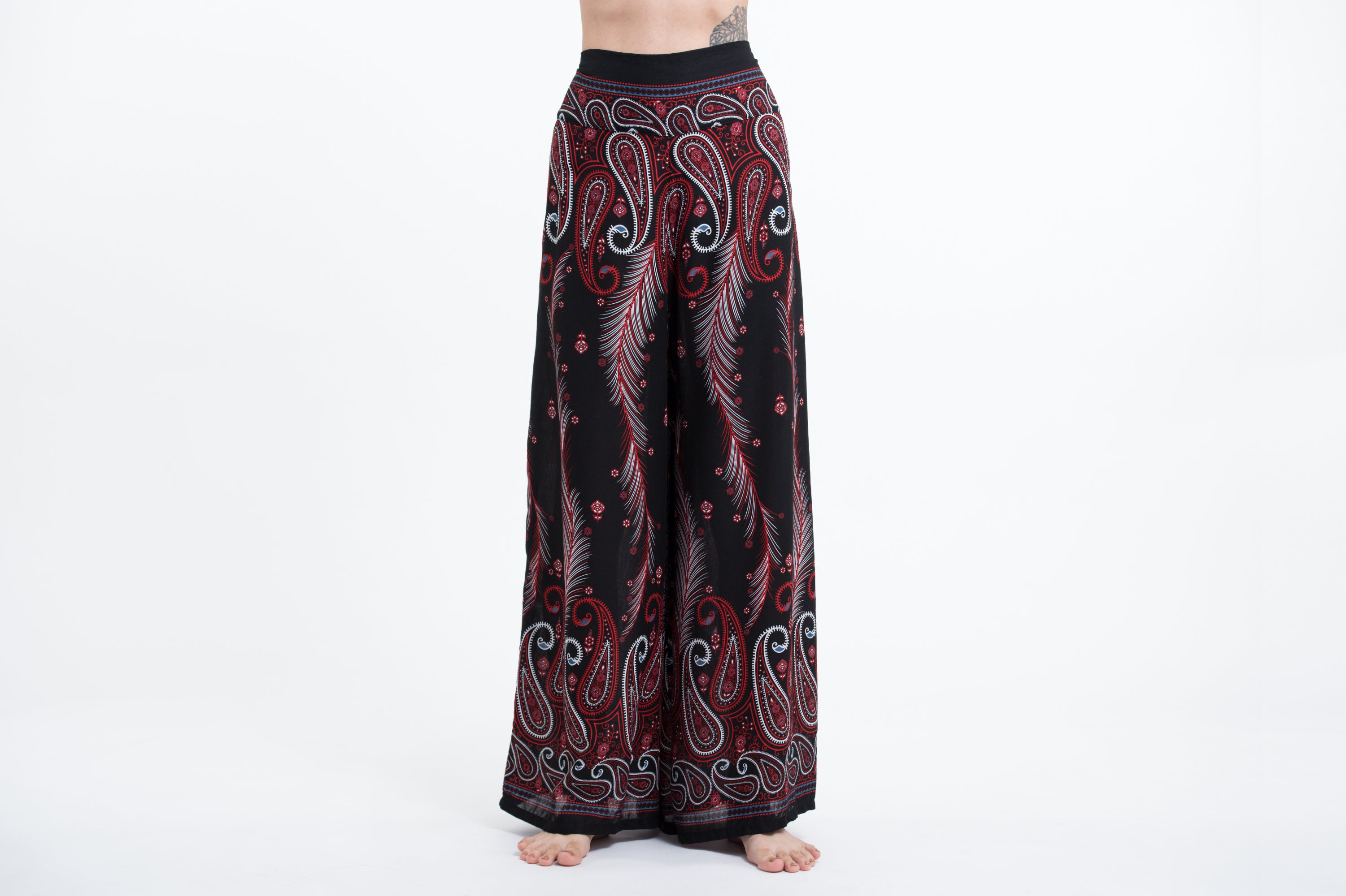 Paisley Feathers Palazzo Style Harem Pants in Black