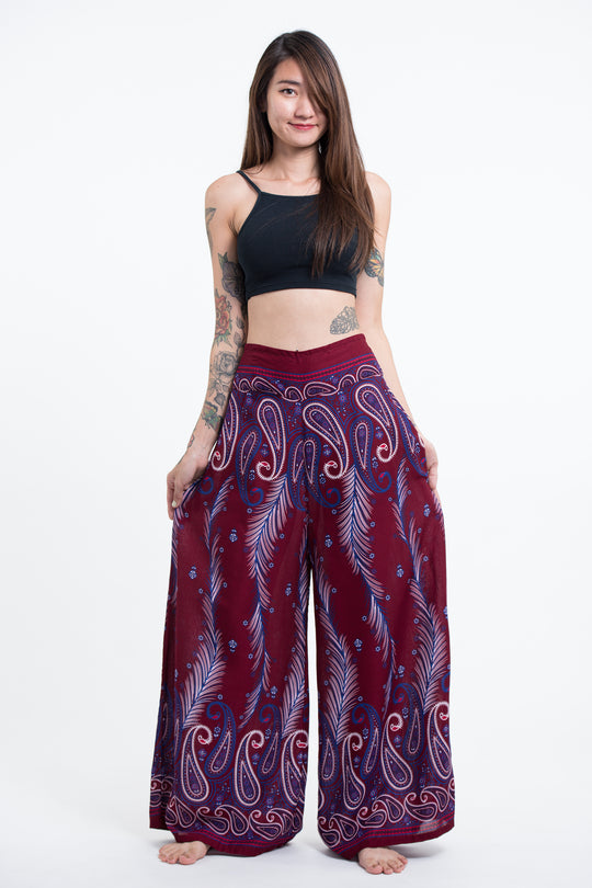 Paisley Feathers Palazzo Style Harem Pants in Red