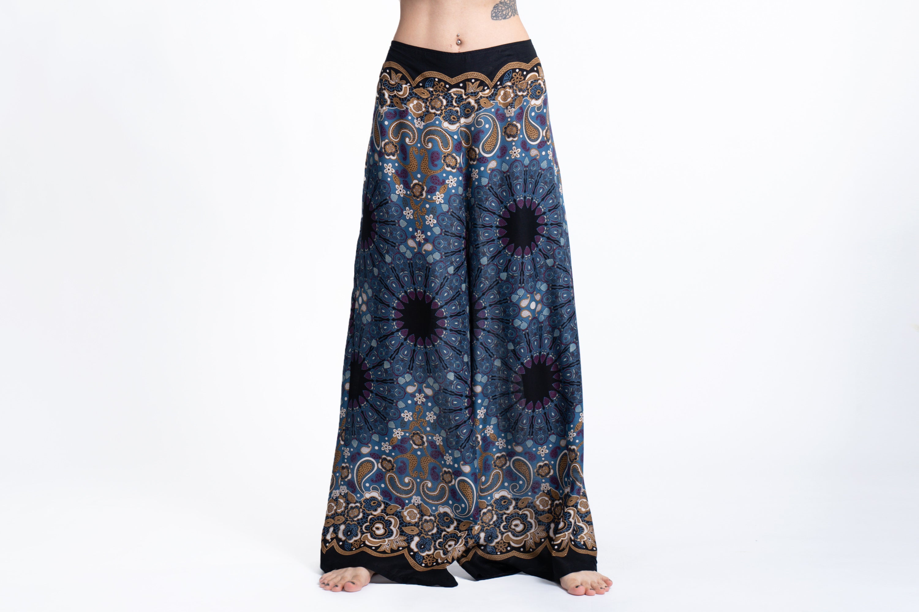 Paisley Mandalas Palazzo Style Harem Pants in Blue Gray