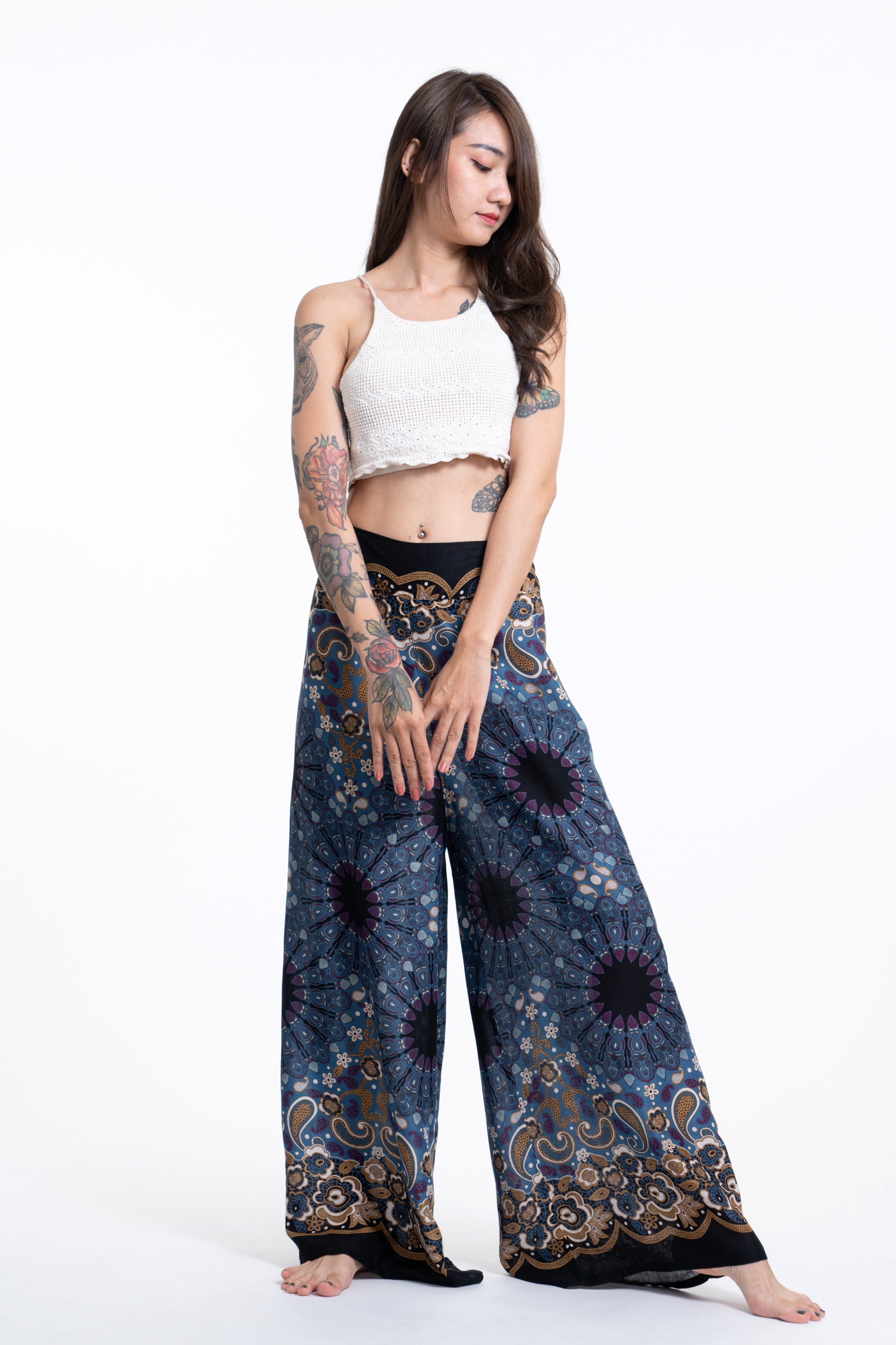 Paisley Mandalas Palazzo Style Harem Pants in Blue Gray