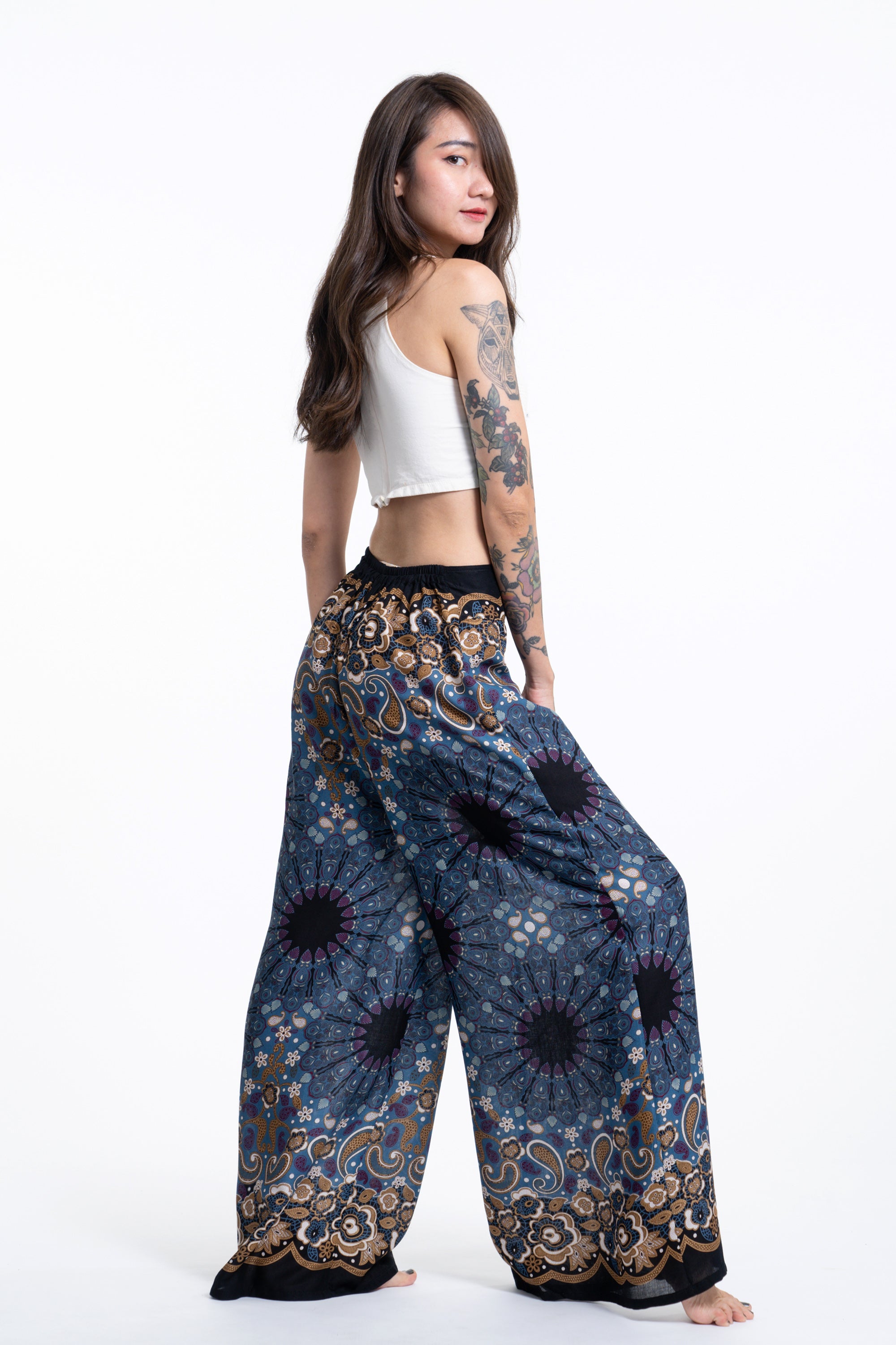 Paisley Mandalas Palazzo Style Harem Pants in Blue Gray