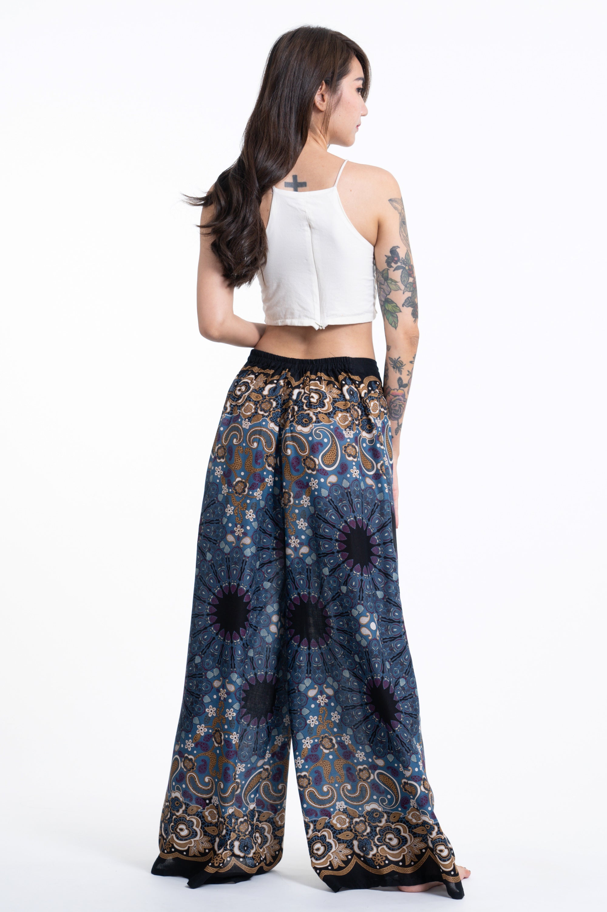 Paisley Mandalas Palazzo Style Harem Pants in Blue Gray