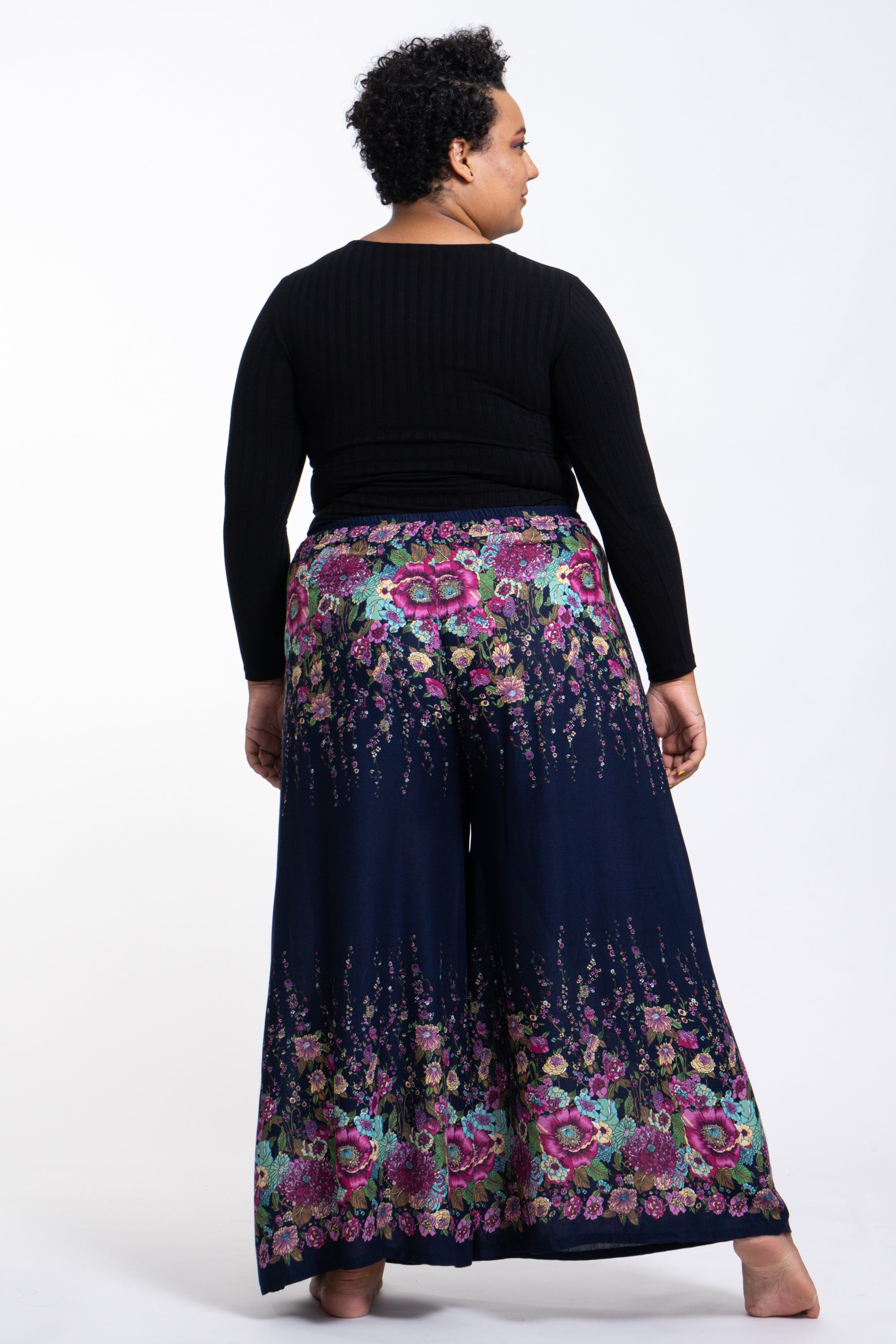 Plus Size Floral Palazzo Style Harem Pants in Blue
