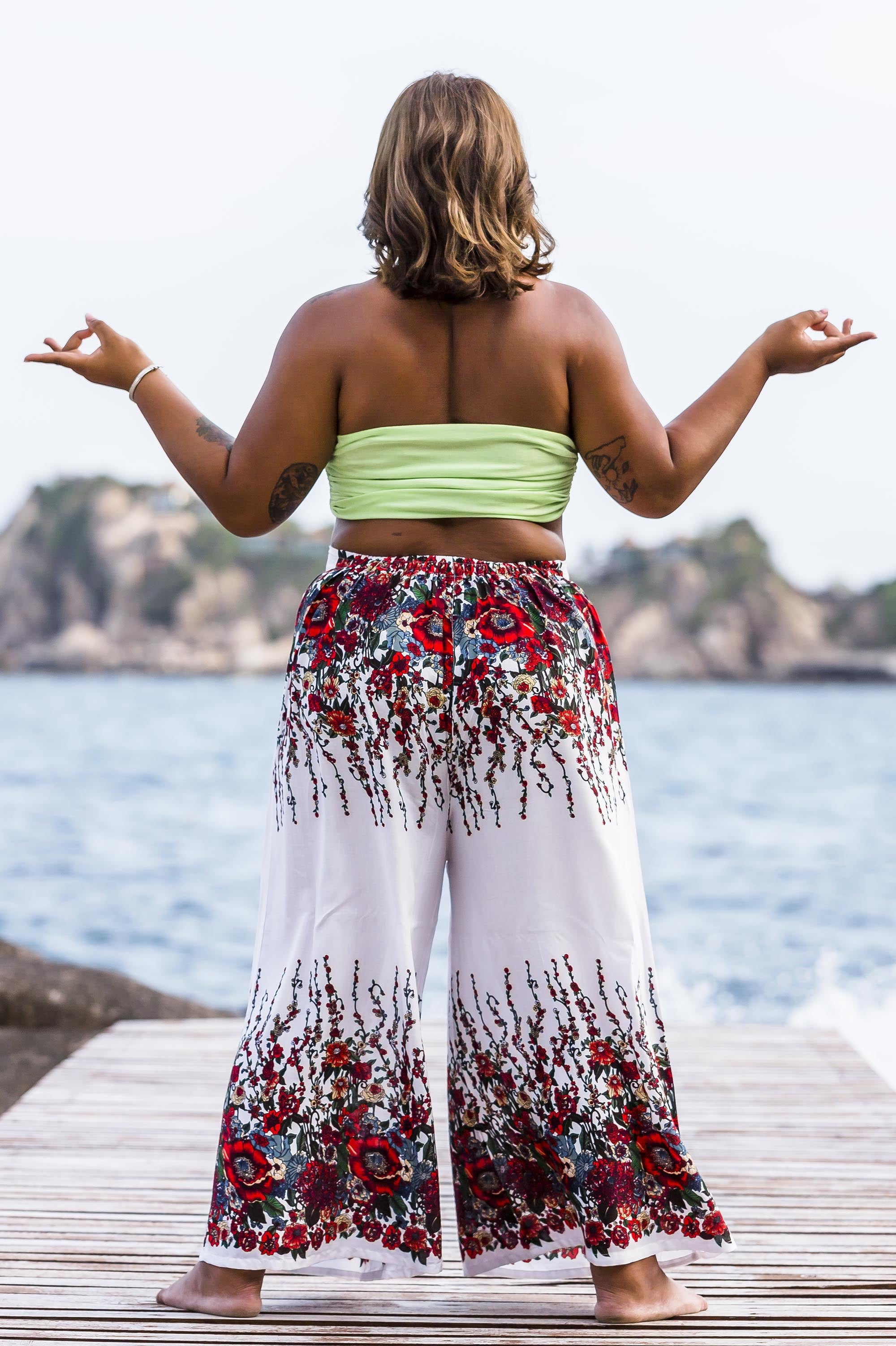 Plus Size Floral Palazzo Style Harem Pants in White