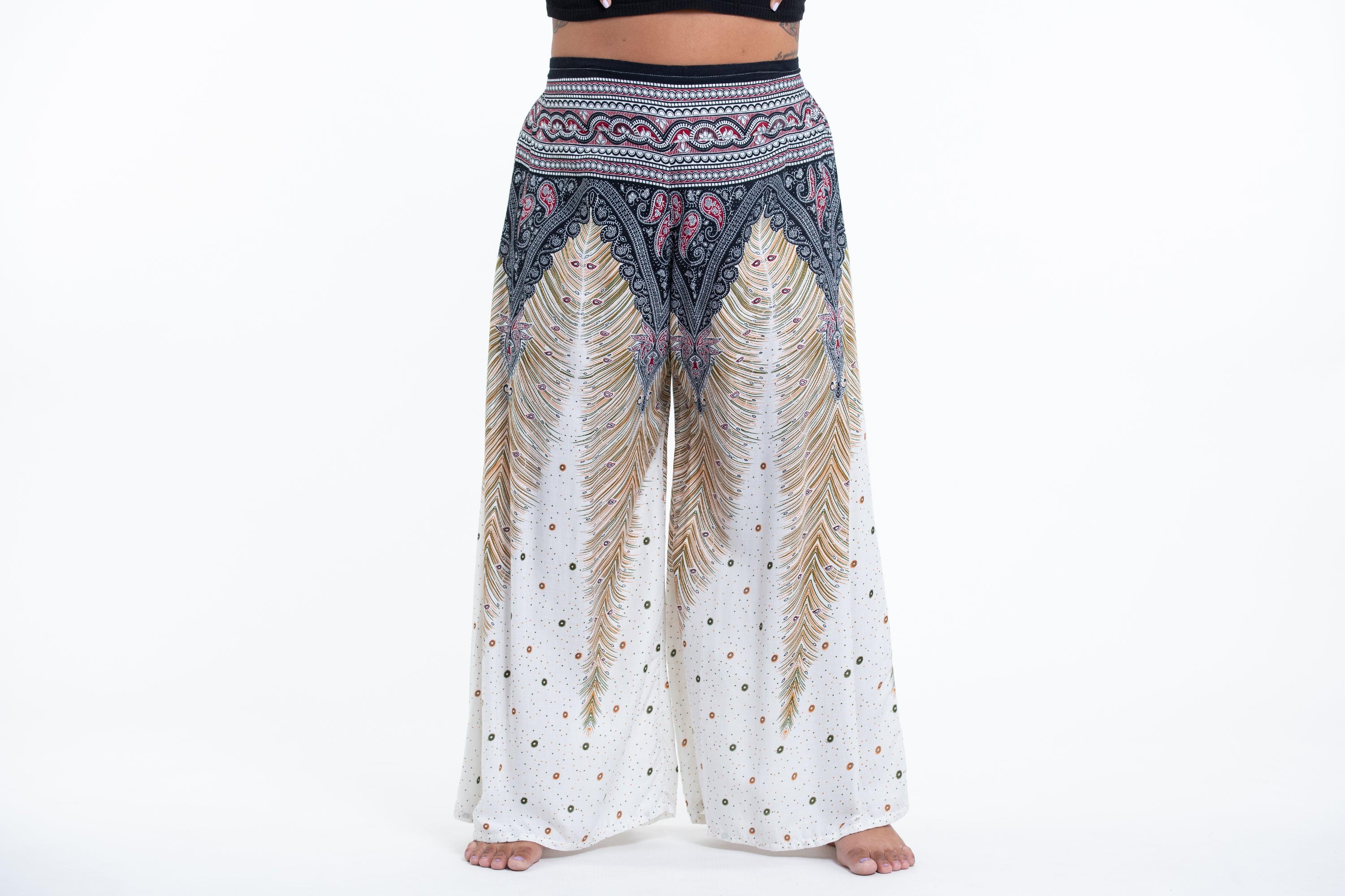 Plus Size Peacock Feathers Palazzo Style Harem Pants in White