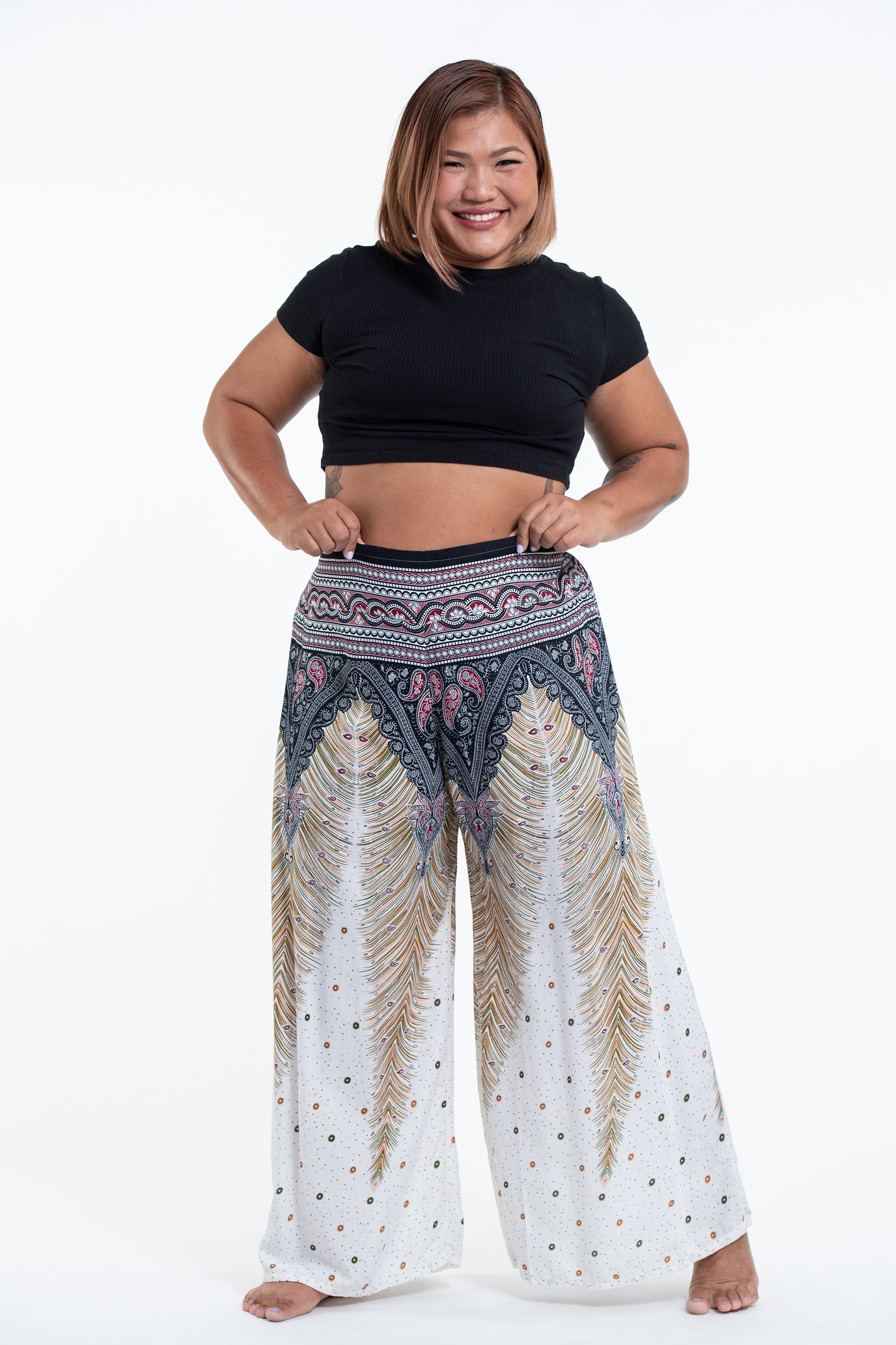 Plus Size Peacock Feathers Palazzo Style Harem Pants in White