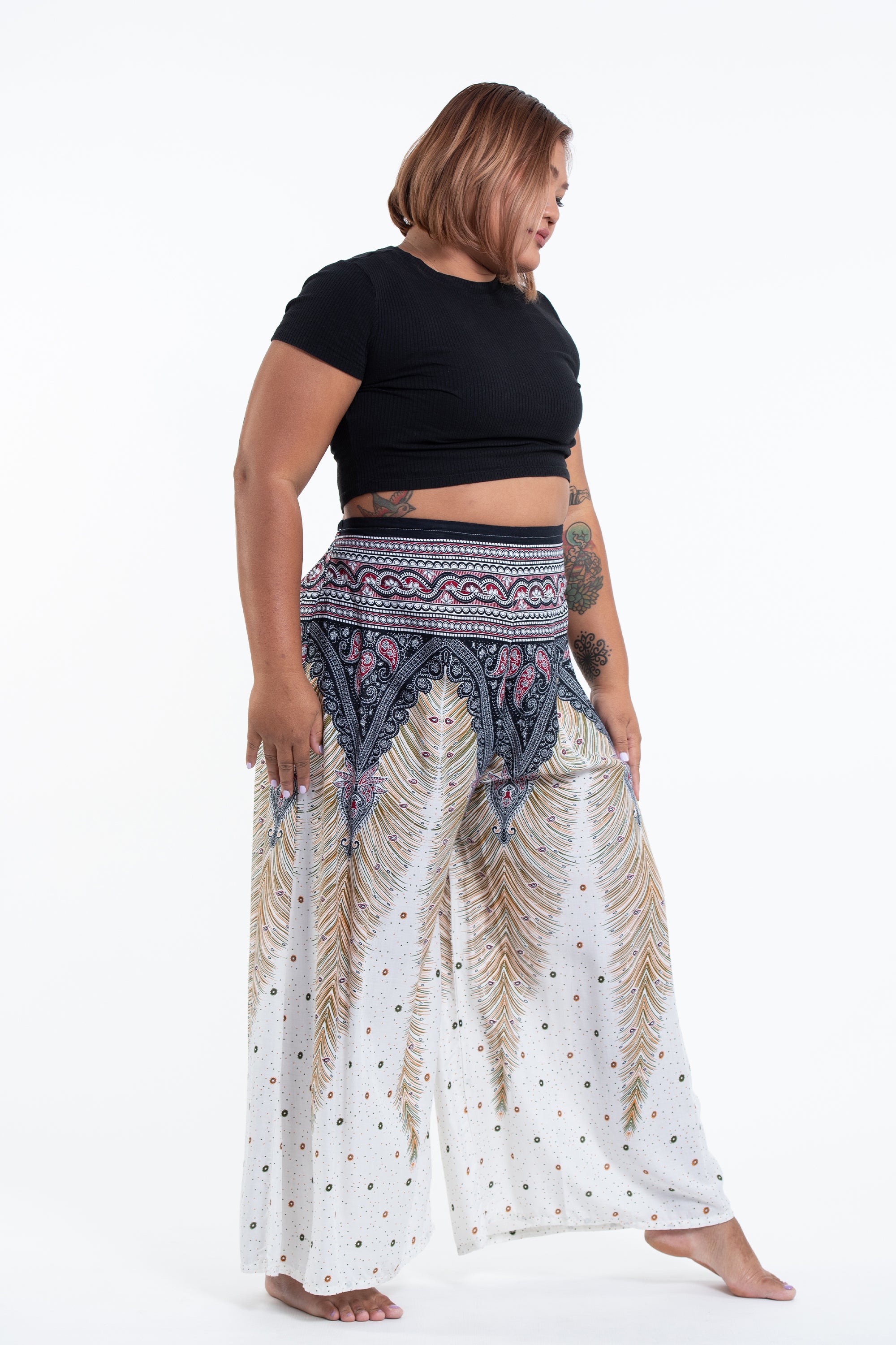 Plus Size Peacock Feathers Palazzo Style Harem Pants in White