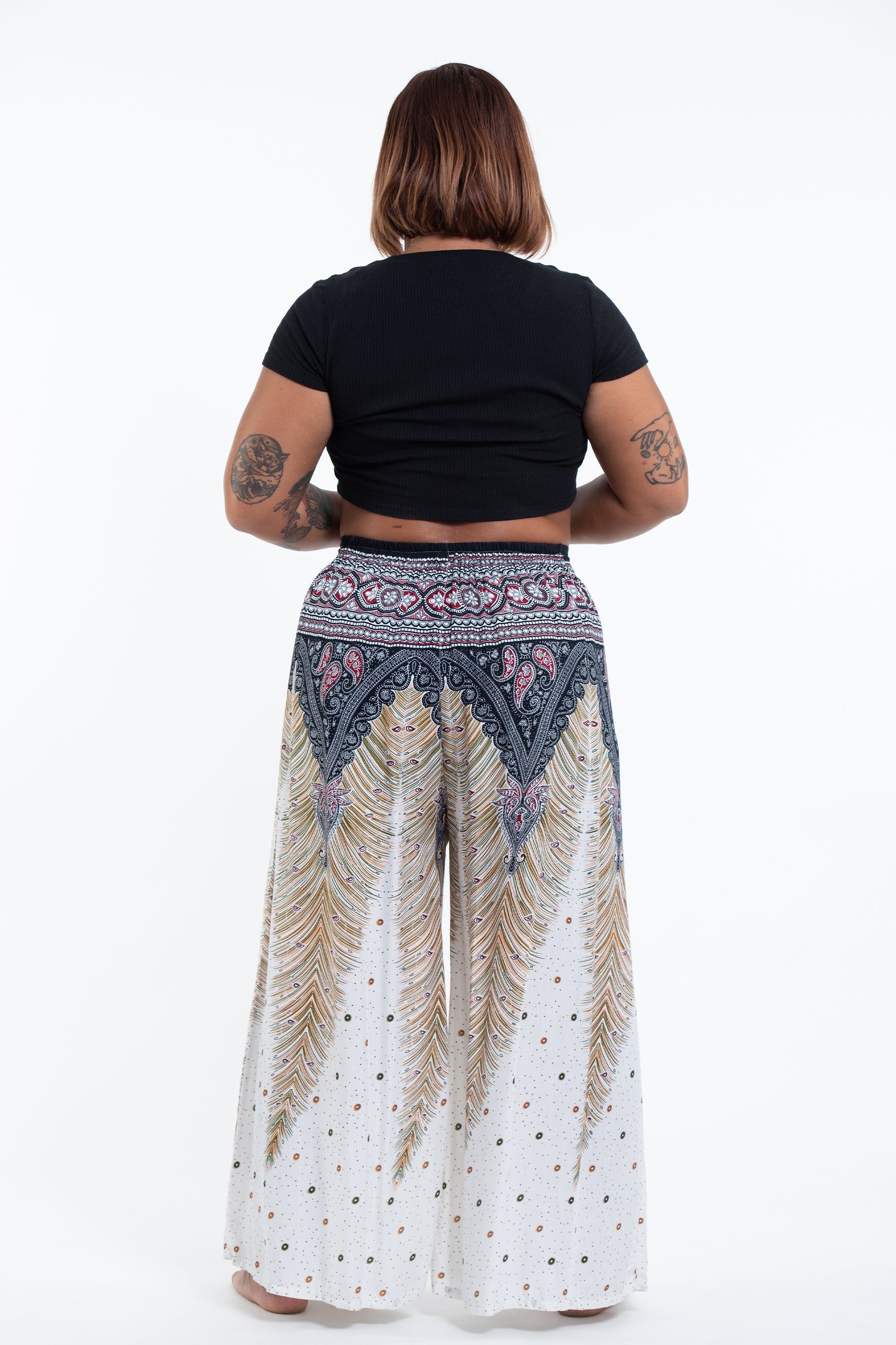 Plus Size Peacock Feathers Palazzo Style Harem Pants in White