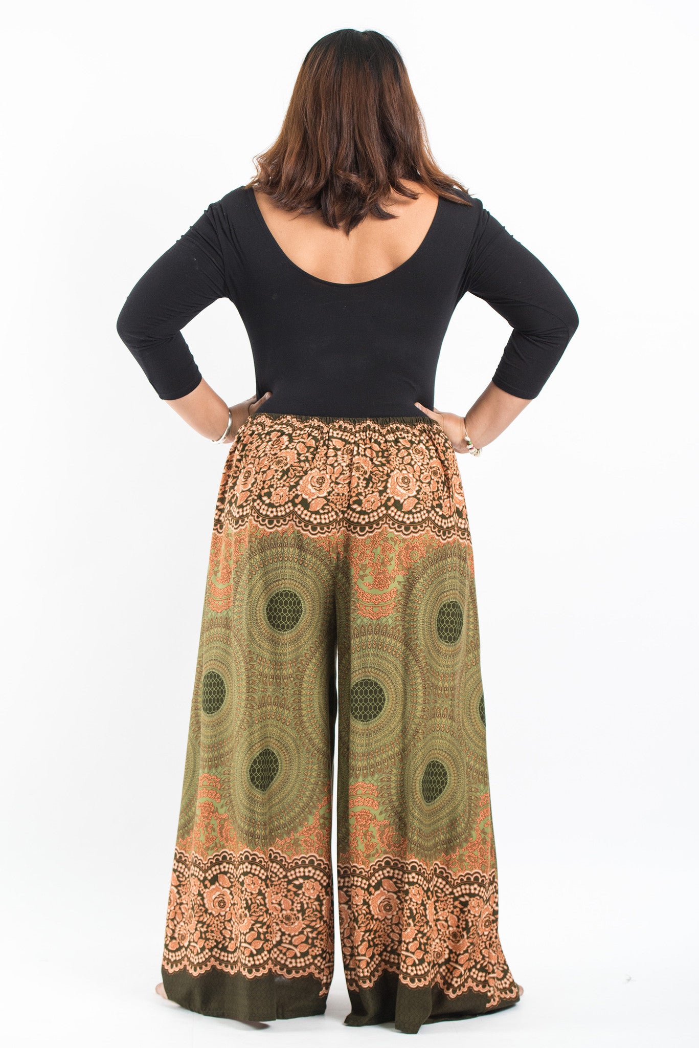 Plus Size Geometric Mandalas Palazzo Style Harem Pants in Olive