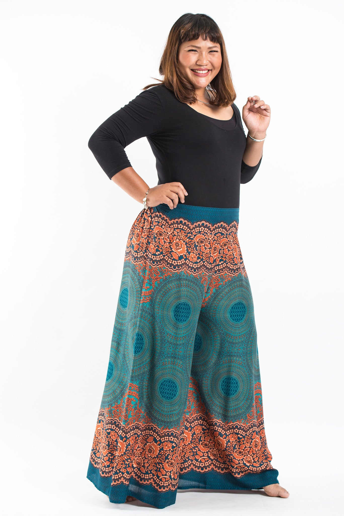 Plus Size Geometric Mandalas Palazzo Style Harem Pants in Turquoise