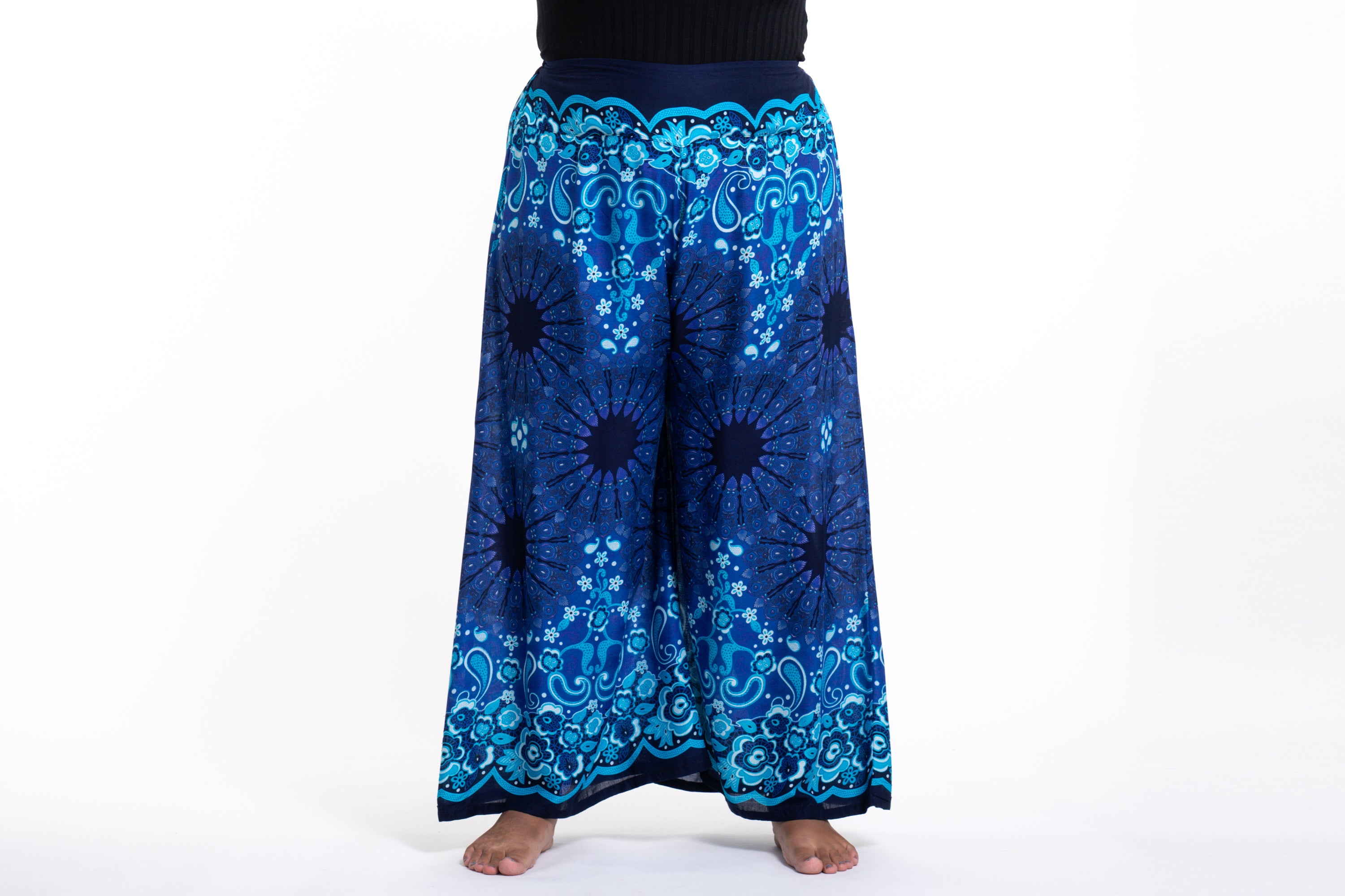 Plus Size Paisley Mandalas Palazzo Style Harem Pants in Blue