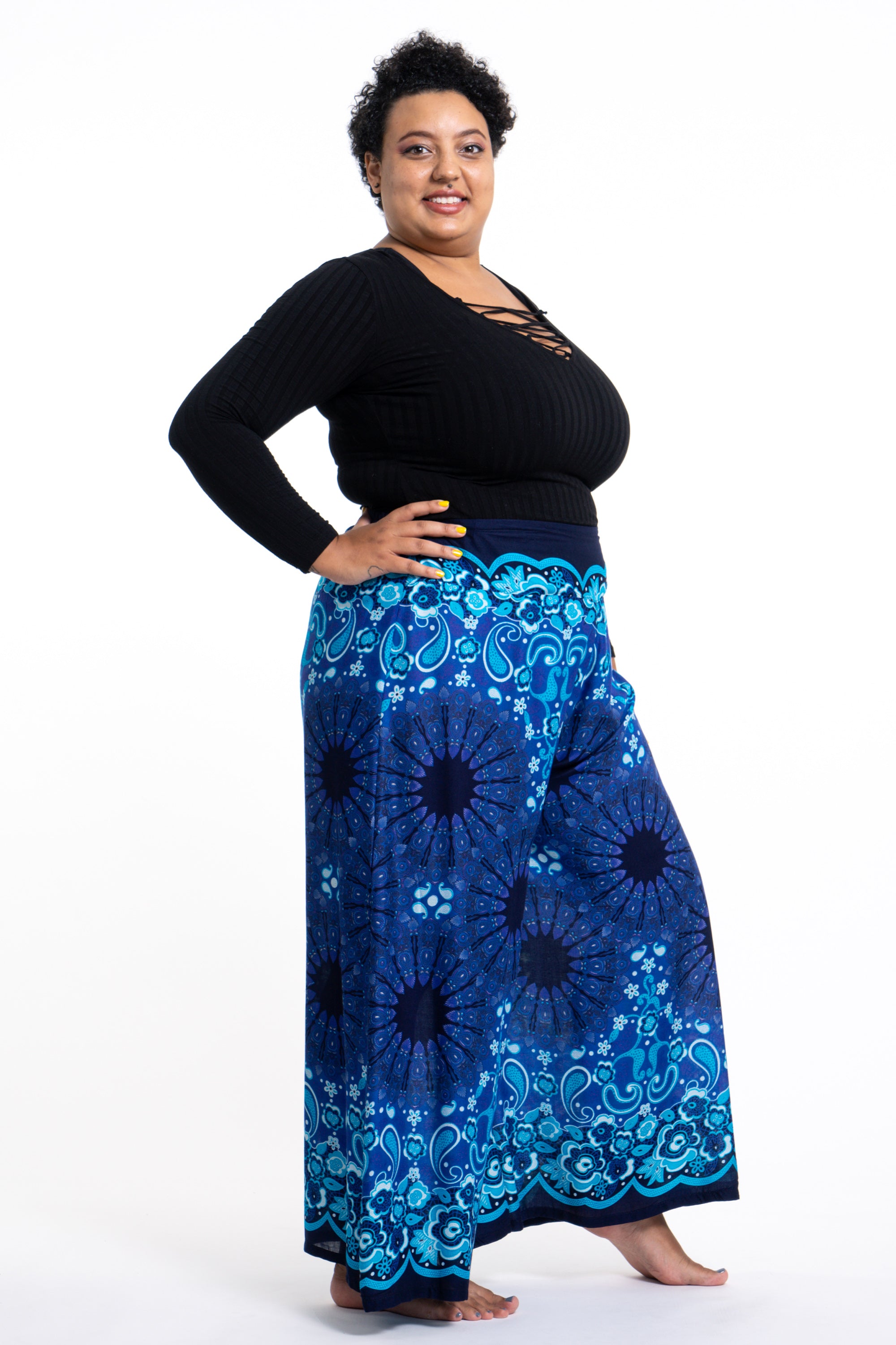 Plus Size Paisley Mandalas Palazzo Style Harem Pants in Blue