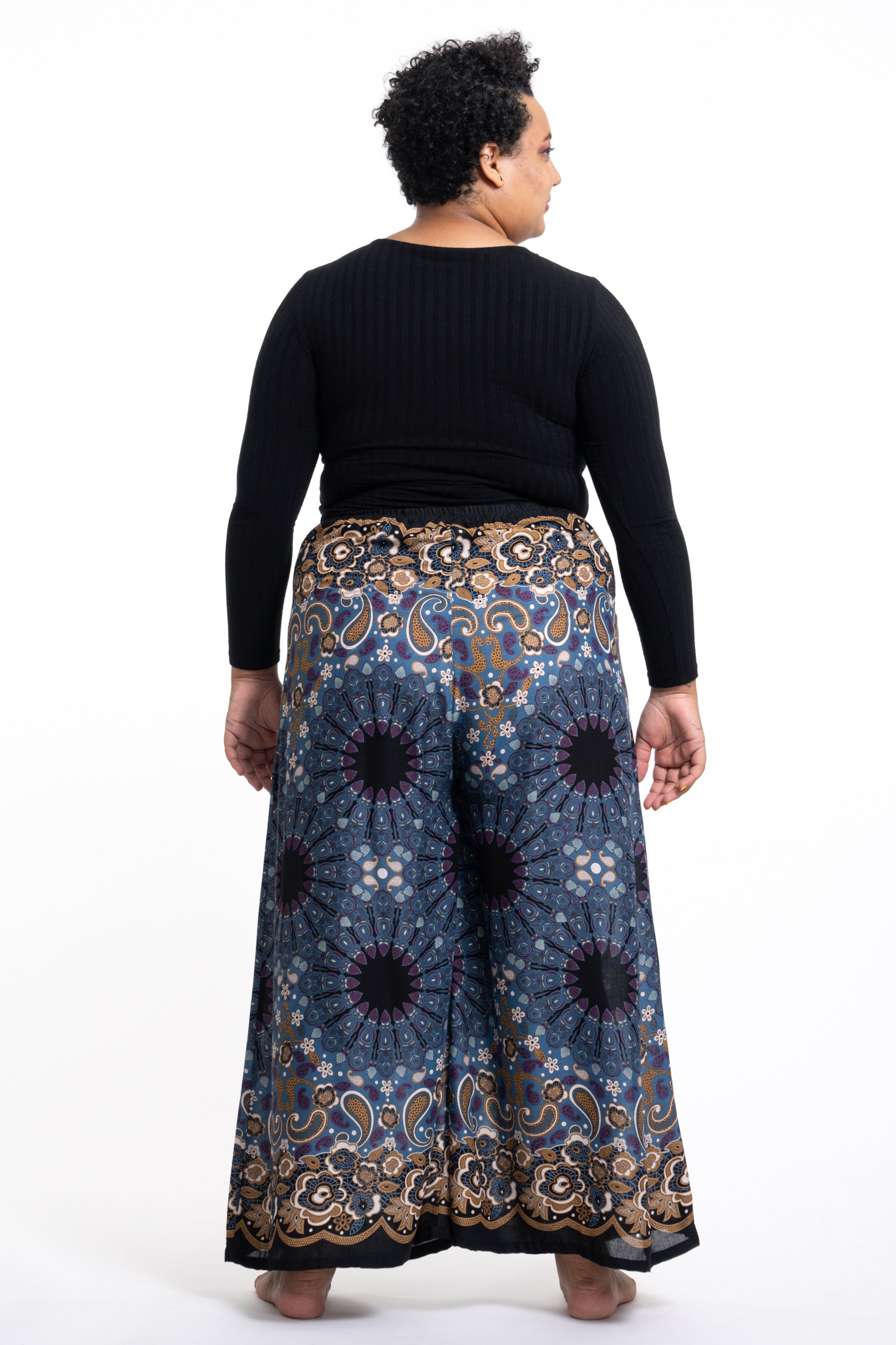 Plus Size Paisley Mandalas Palazzo Style Harem Pants in Blue Gray