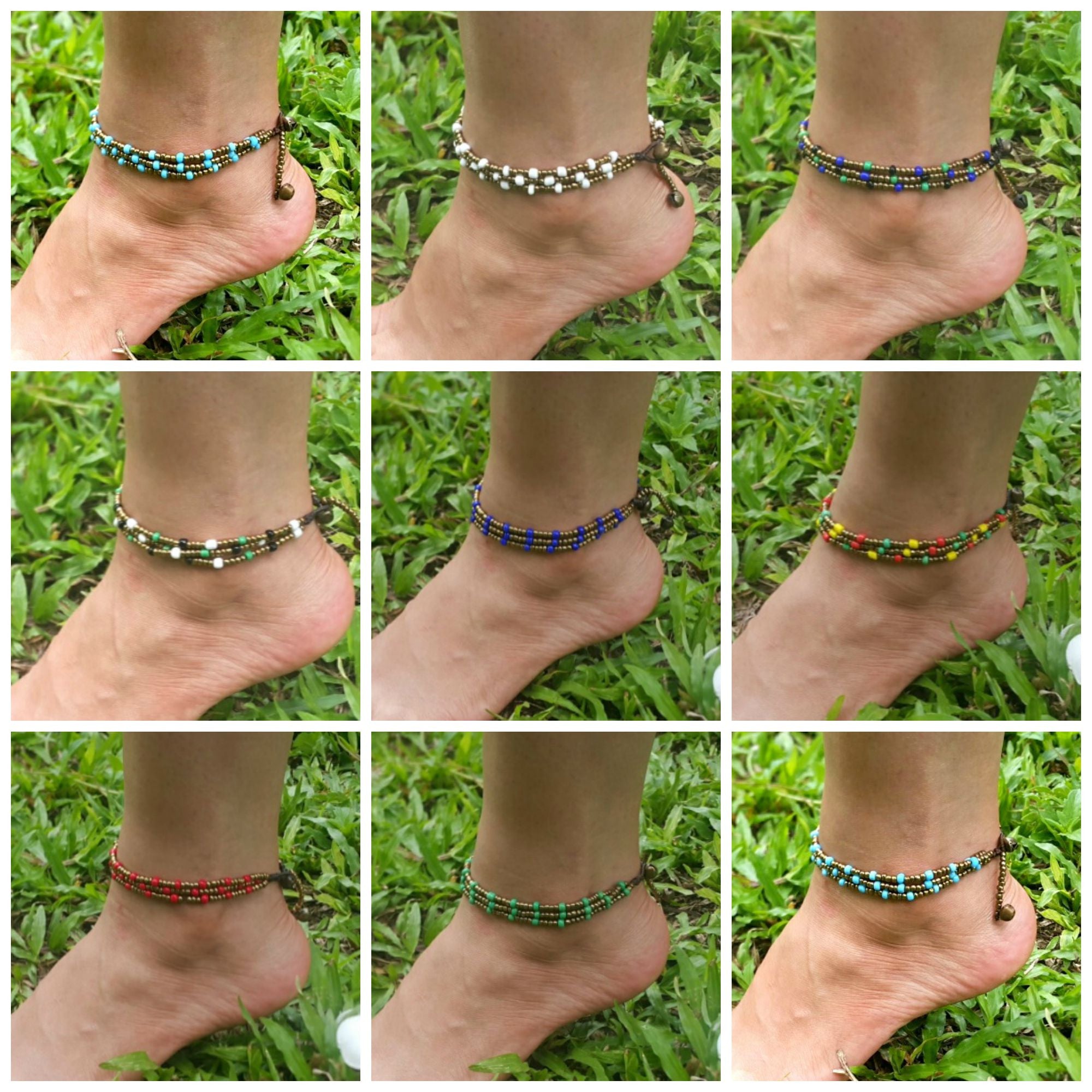 Hand Made Fair Trade Anklet Three Strand Brass Beads Red