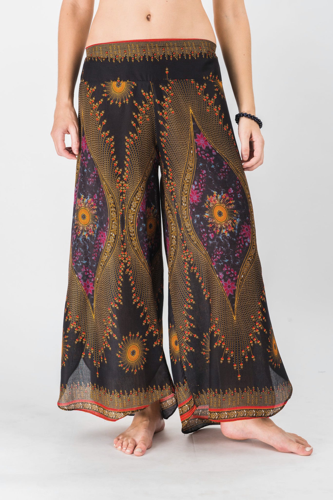 Peacock Eyes Palazzo Style Harem Pants in Floral Black